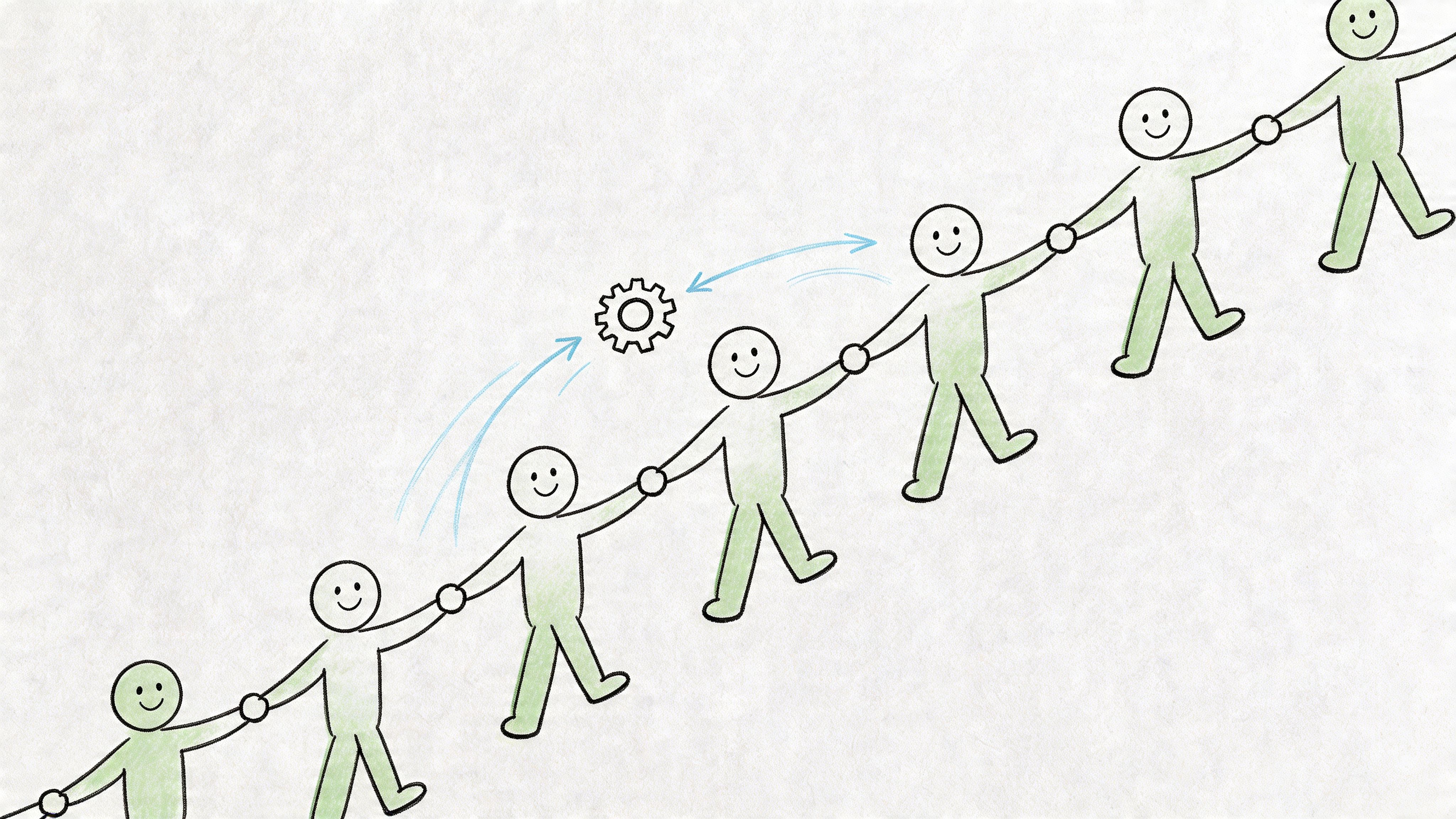 A hand-drawn illustration showing a chain of smiling figures connecting with a central gear symbol.