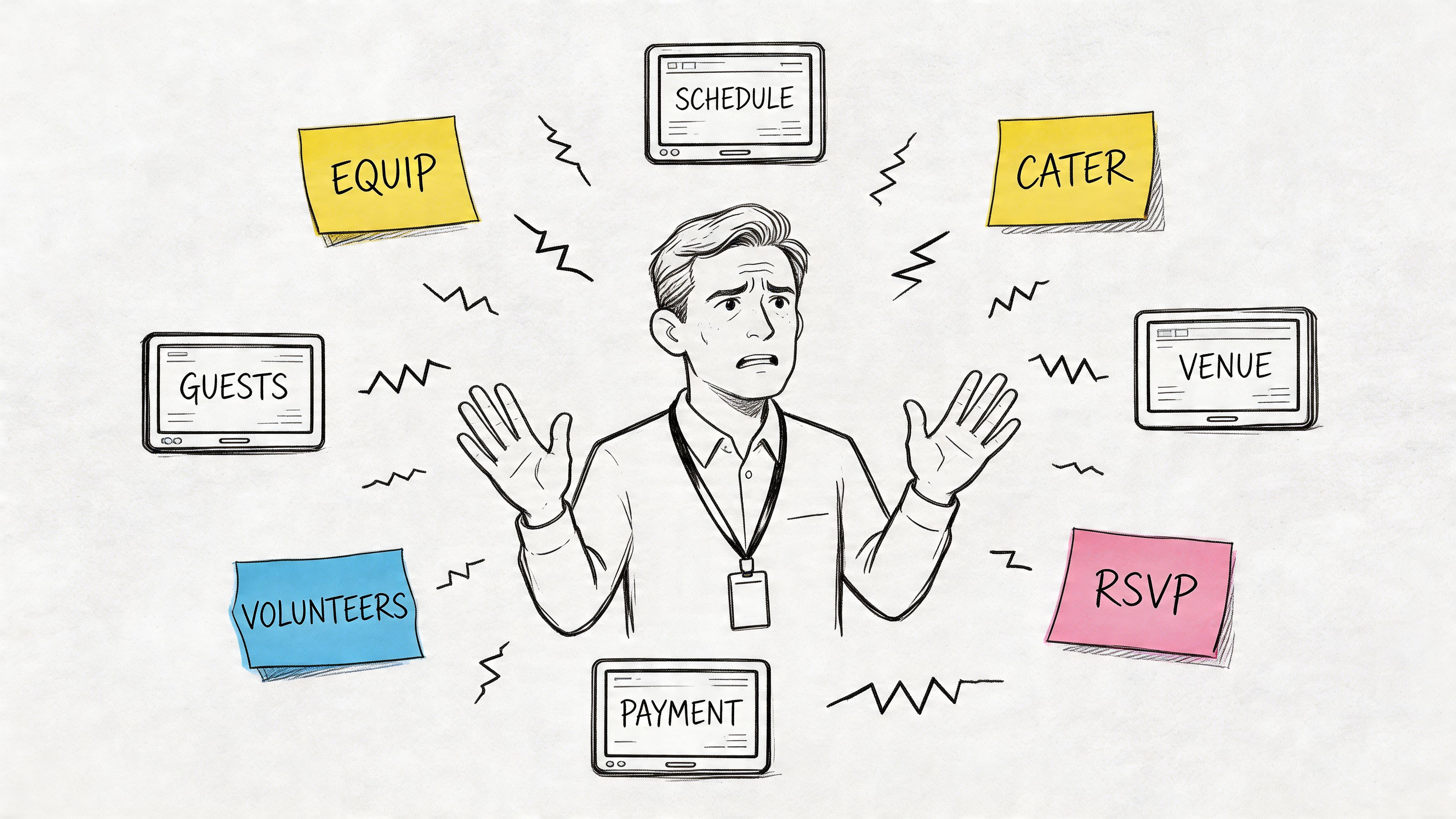 An illustration of a stressed event planner surrounded by digital tasks and planning categories on sticky notes.