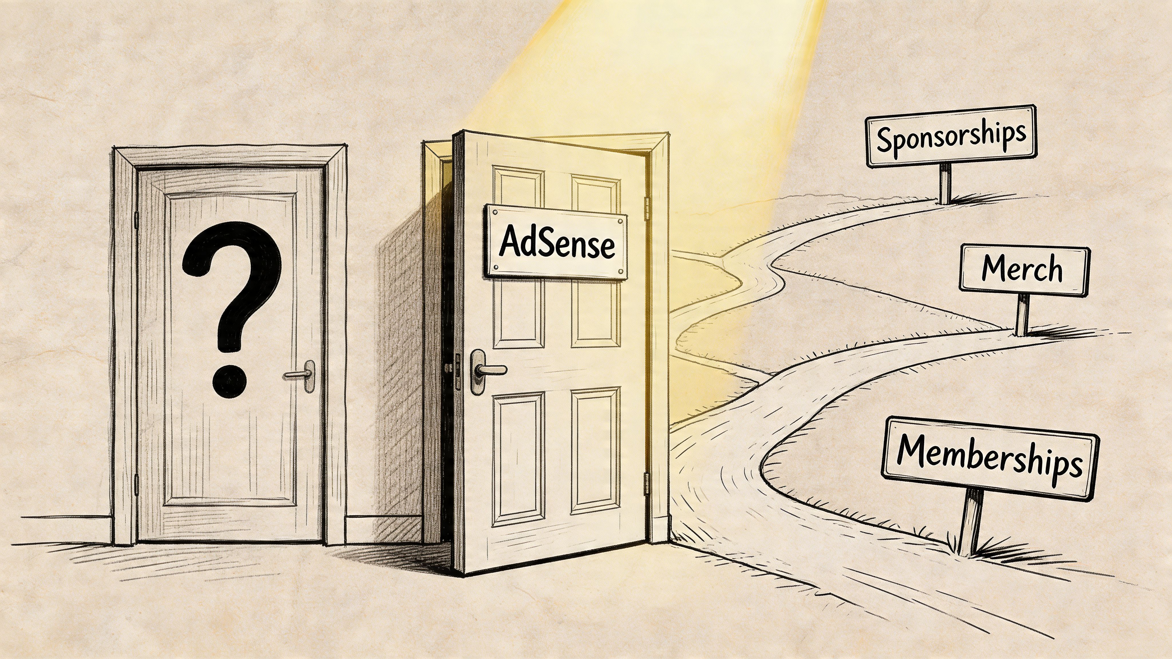A conceptual illustration showing a closed door with a question mark and an open AdSense door leading to paths.
