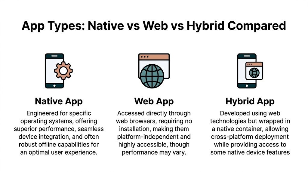 A comparison infographic explaining the differences between native apps, web apps, and hybrid mobile applications.
