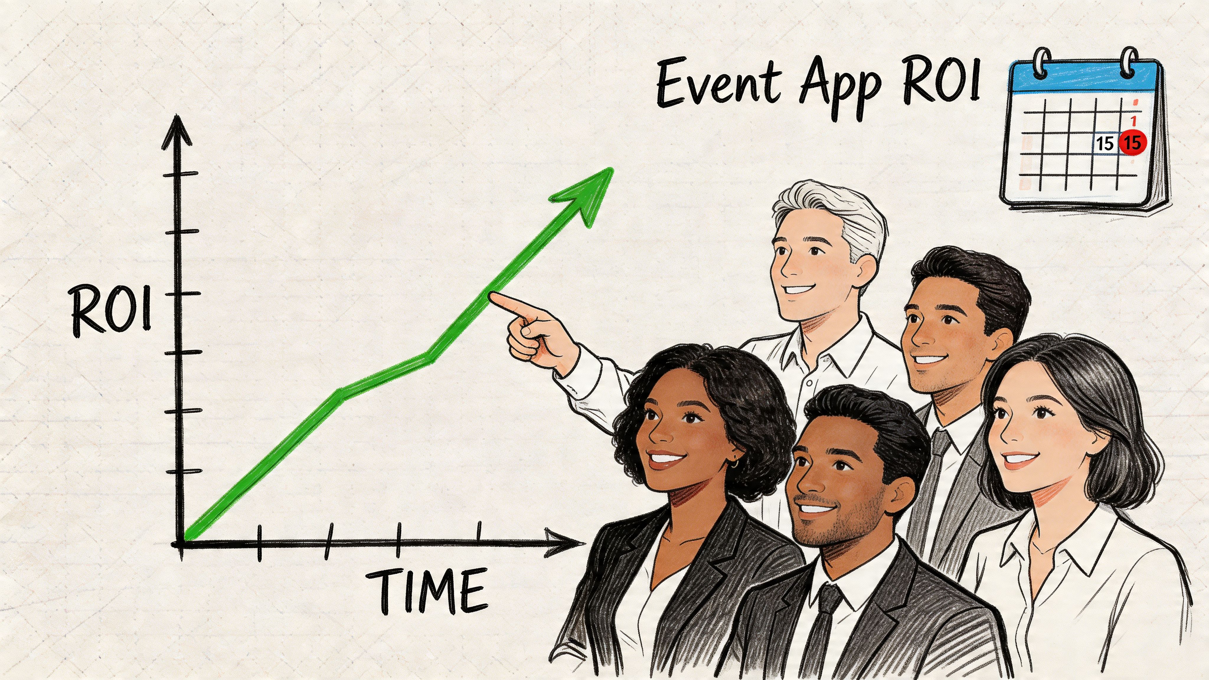 A diverse team of professionals looking at a rising ROI graph illustrating event app success.