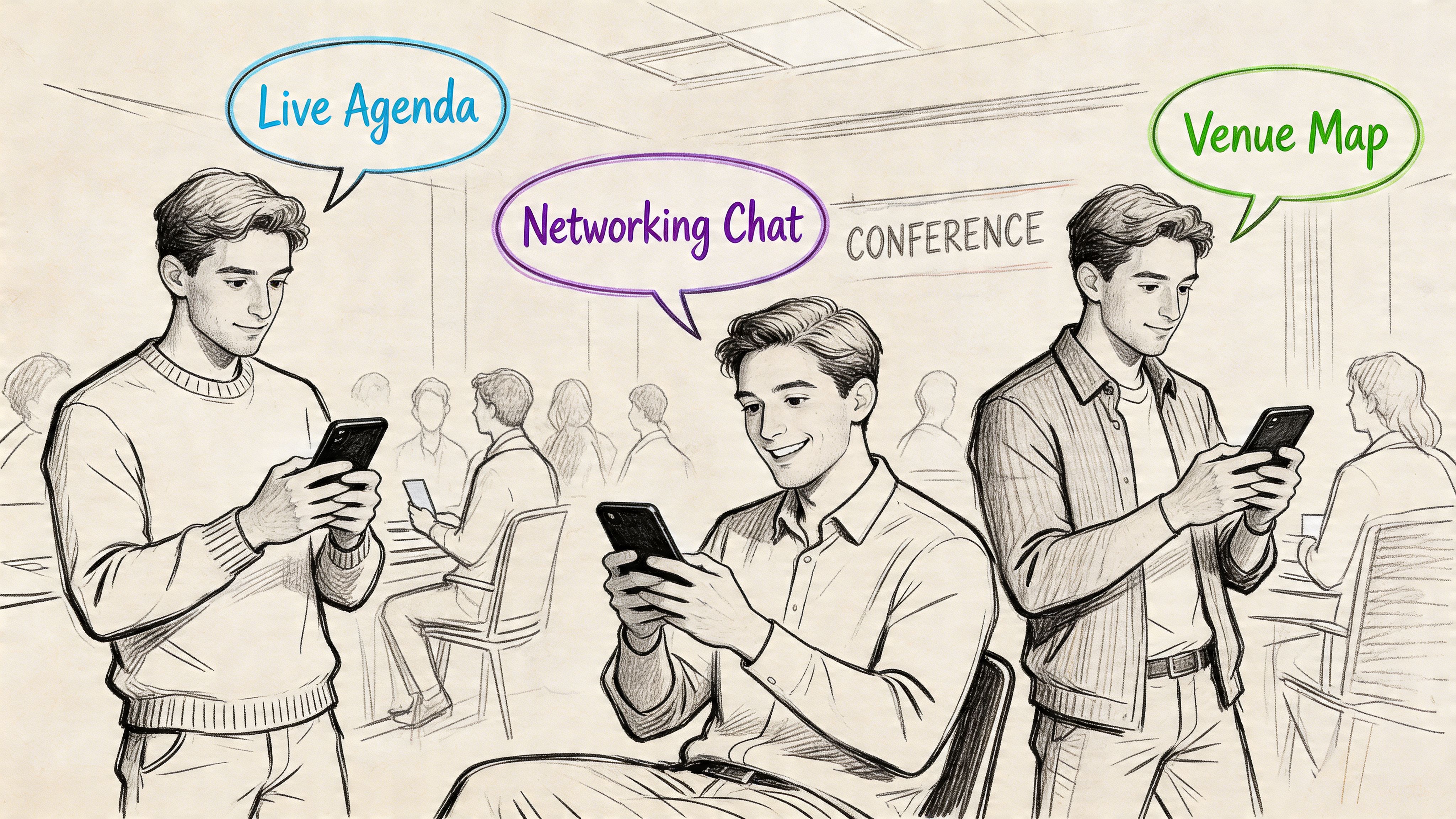 A hand-drawn illustration showing three men at a conference using their smartphones for networking and event navigation.
