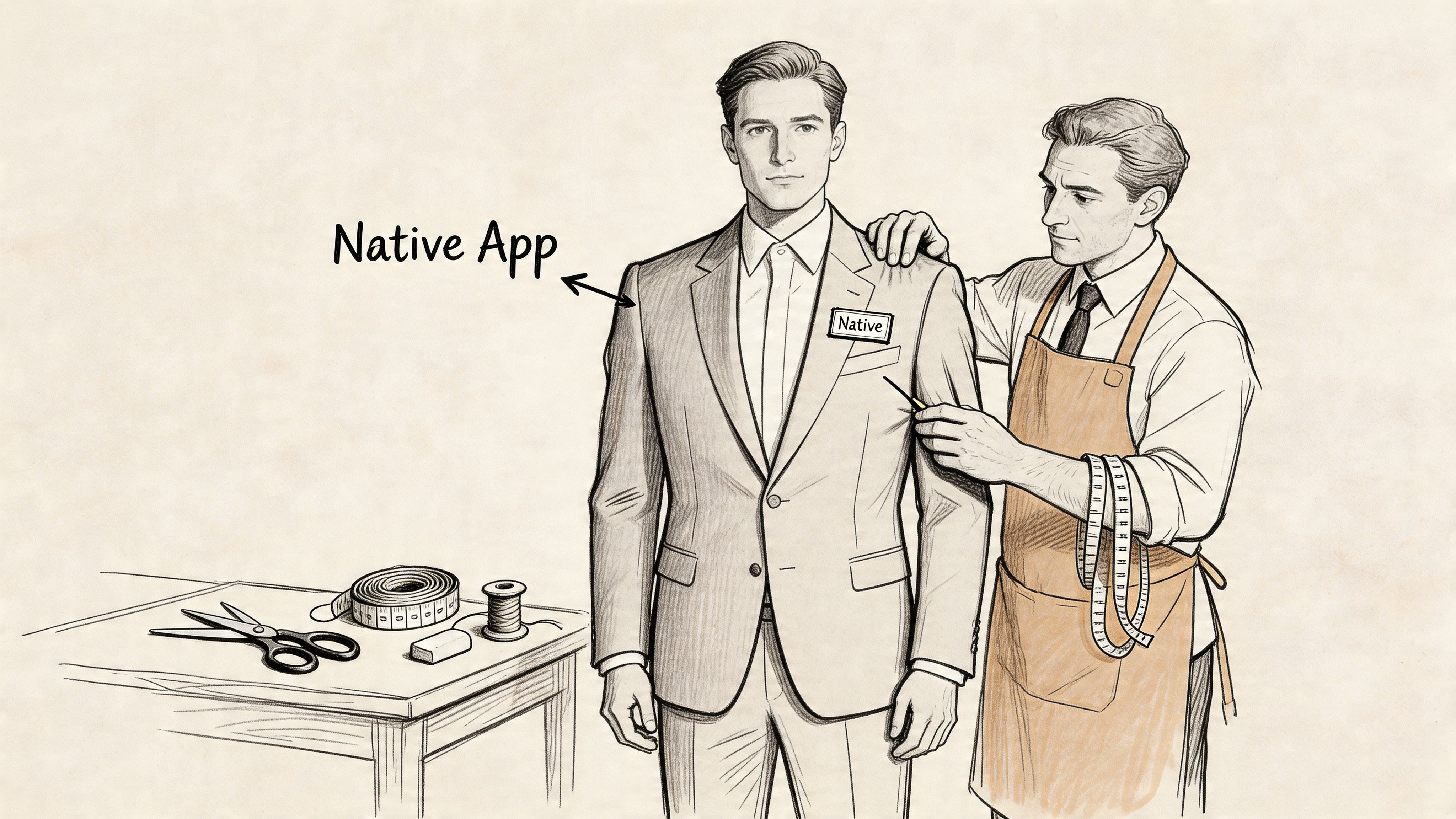 A tailor meticulously adjusting a suit jacket on a man, representing the concept of a native app.