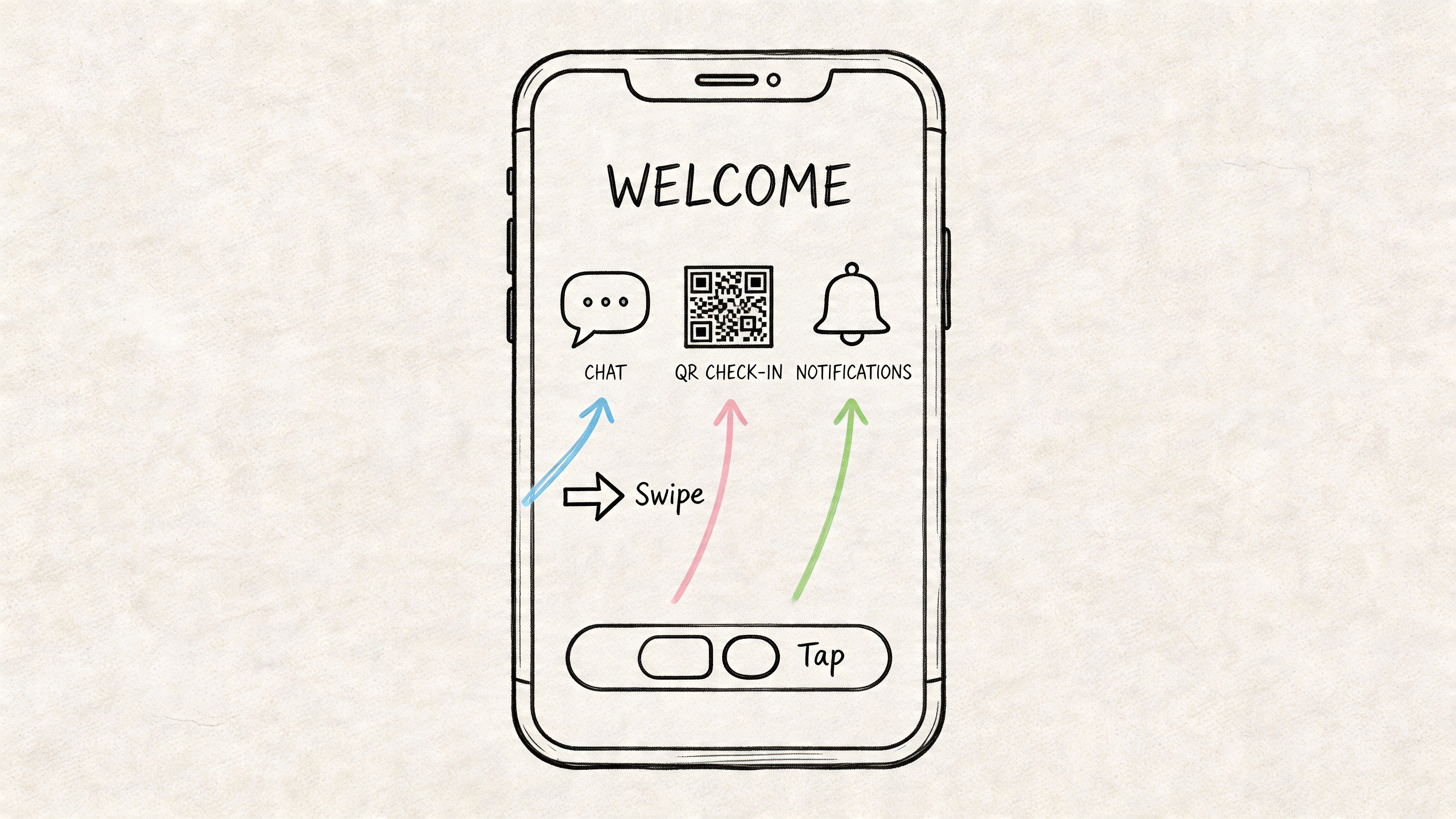 A hand-drawn sketch of a smartphone screen showing a welcome message with icons for chat, QR check-in, and notifications.