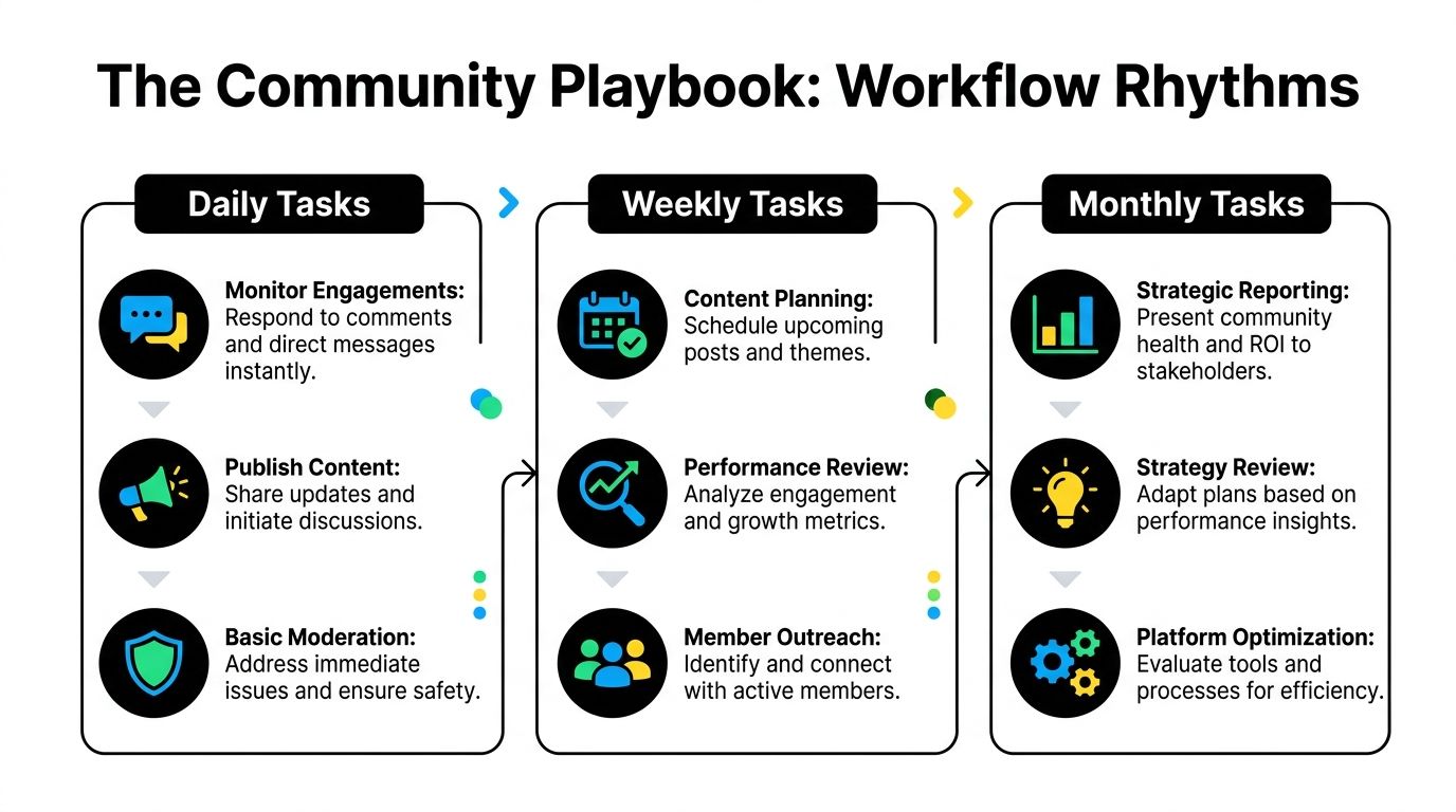 A diagram outlining the community playbook workflow rhythms including daily, weekly, and monthly tasks for engagement.