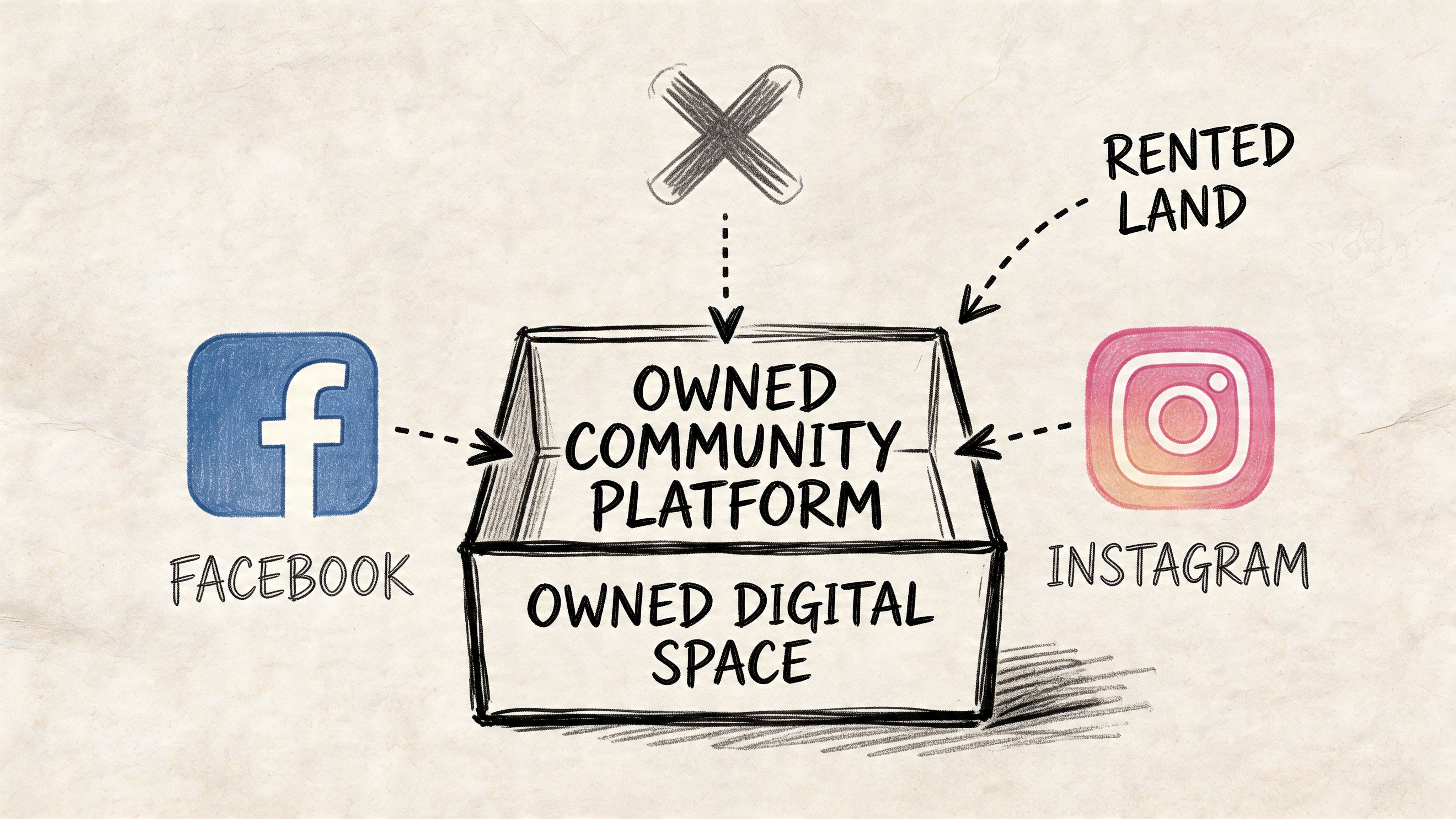 A hand-drawn illustration contrasting social media platforms as rented land versus an owned digital community platform.