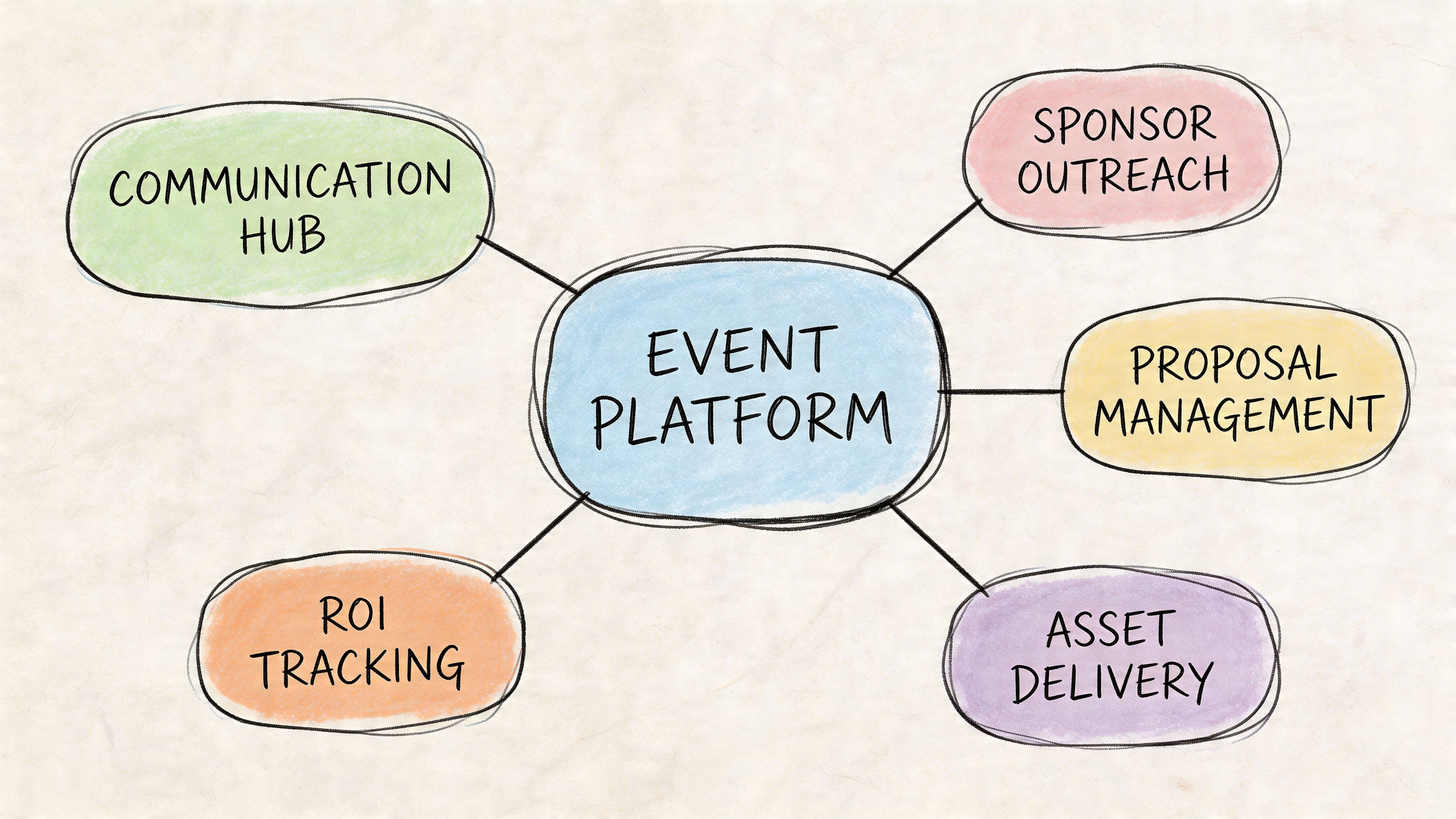A hand-drawn mind map diagram showing an event platform connected to five key business management functions.