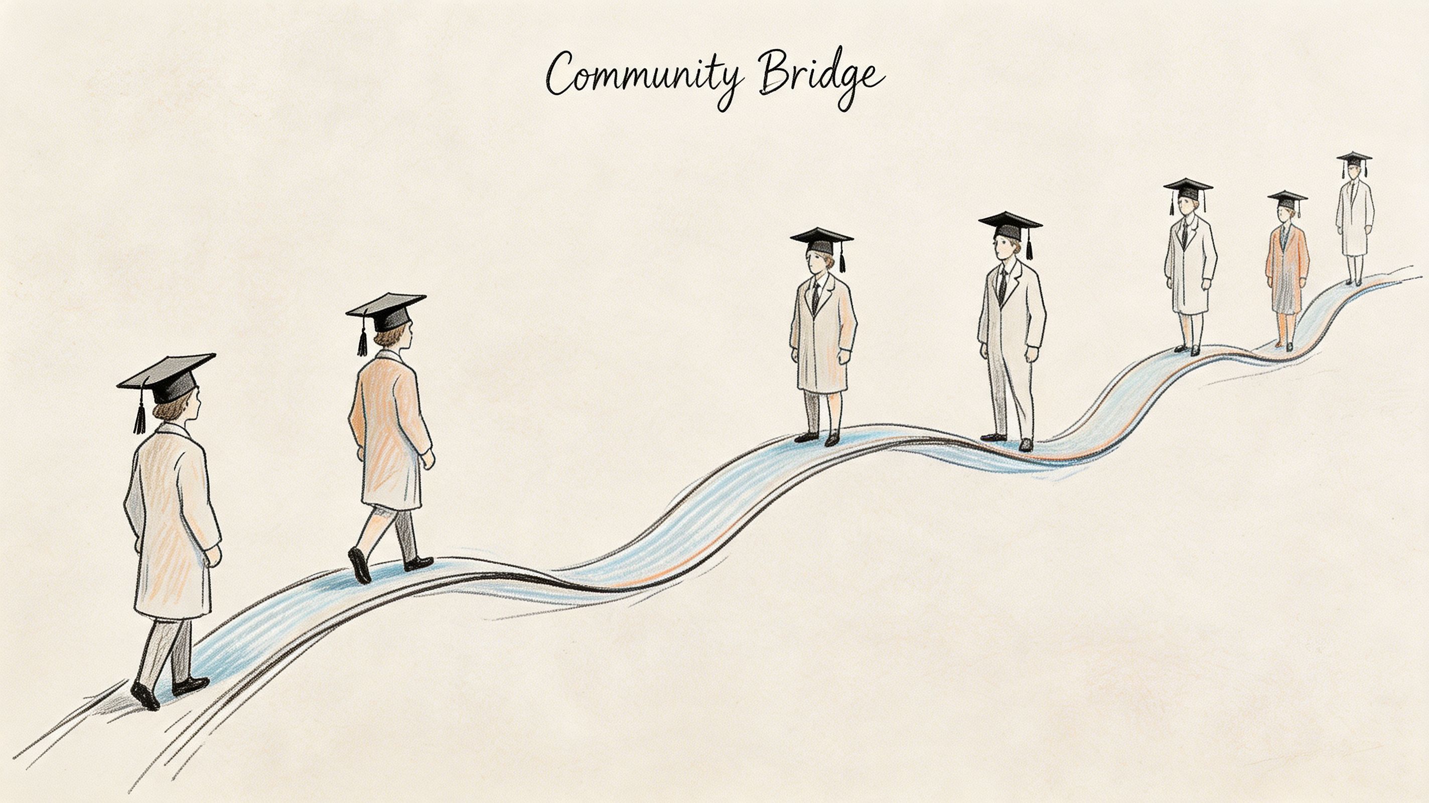 An illustration showing students wearing graduation caps and robes walking along a bridge towards success.