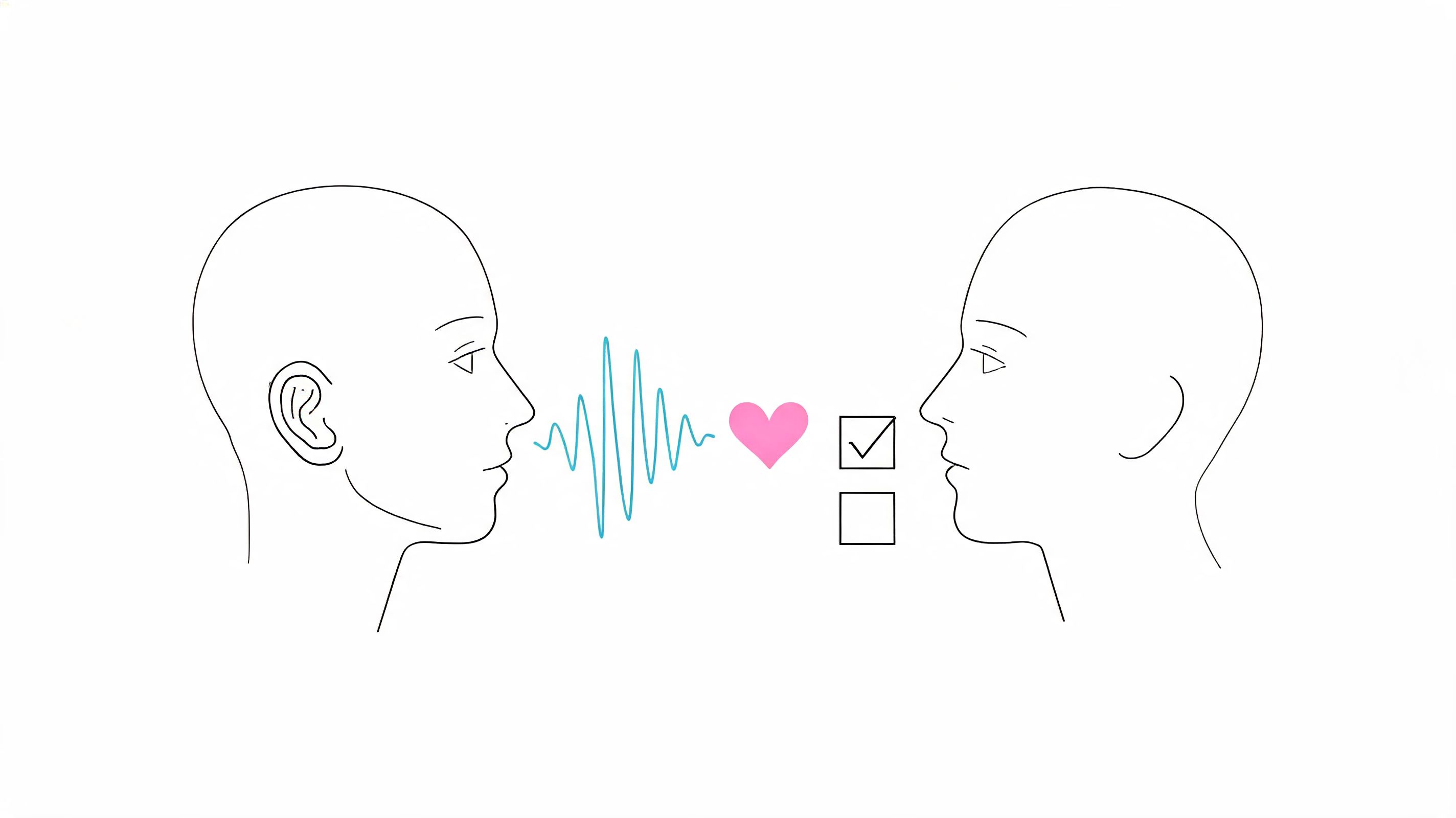 Line art of two faces communicating with a sound wave, a heart icon, and a checklist.