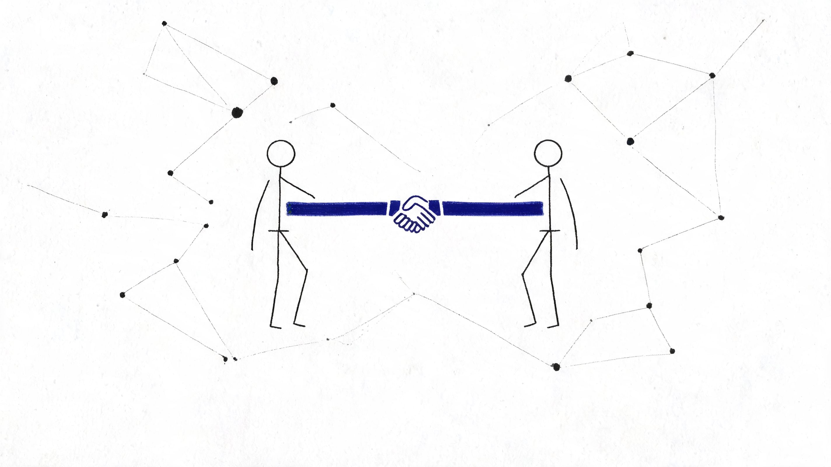 Two stick figures shaking hands, symbolizing collaboration and partnership amidst a network of interconnected dots and lines.