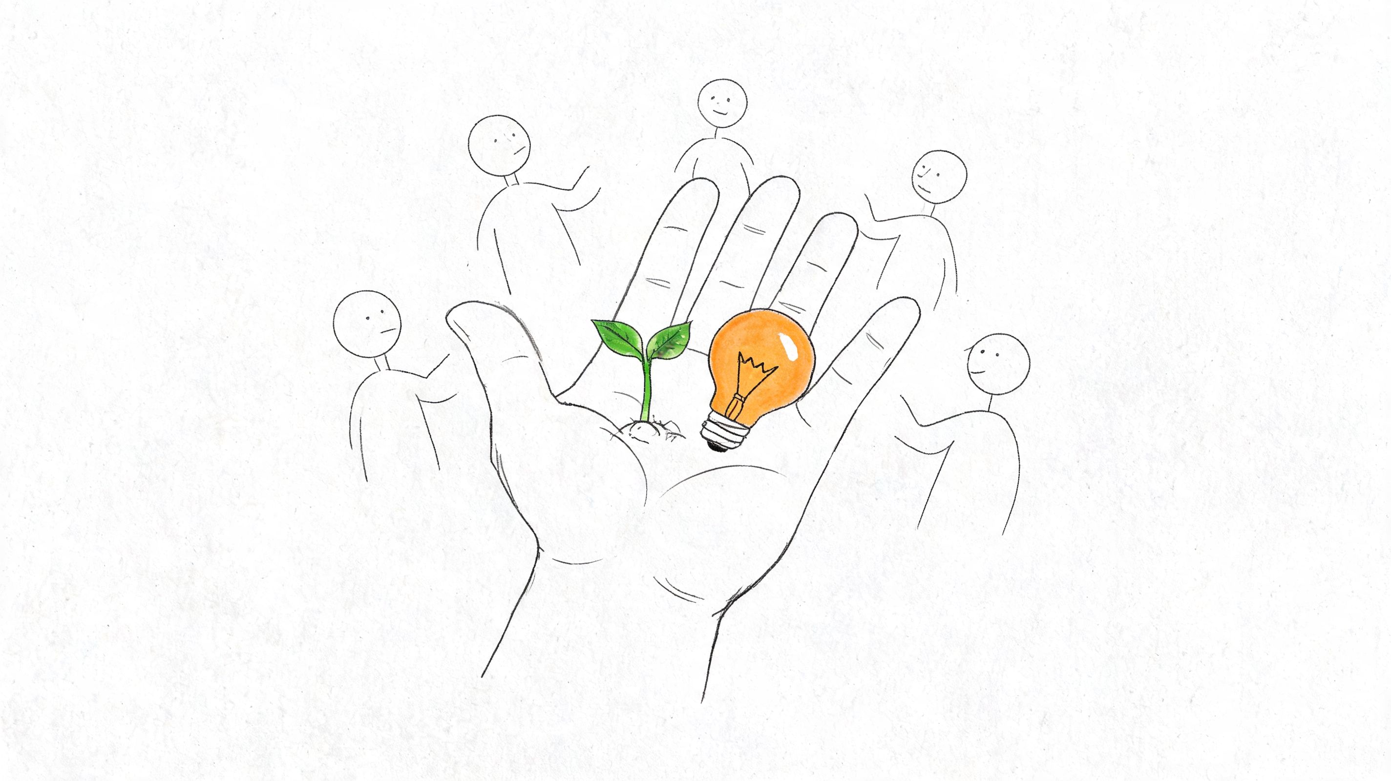 A hand drawing of a palm holding a small green plant and a lightbulb, surrounded by people.