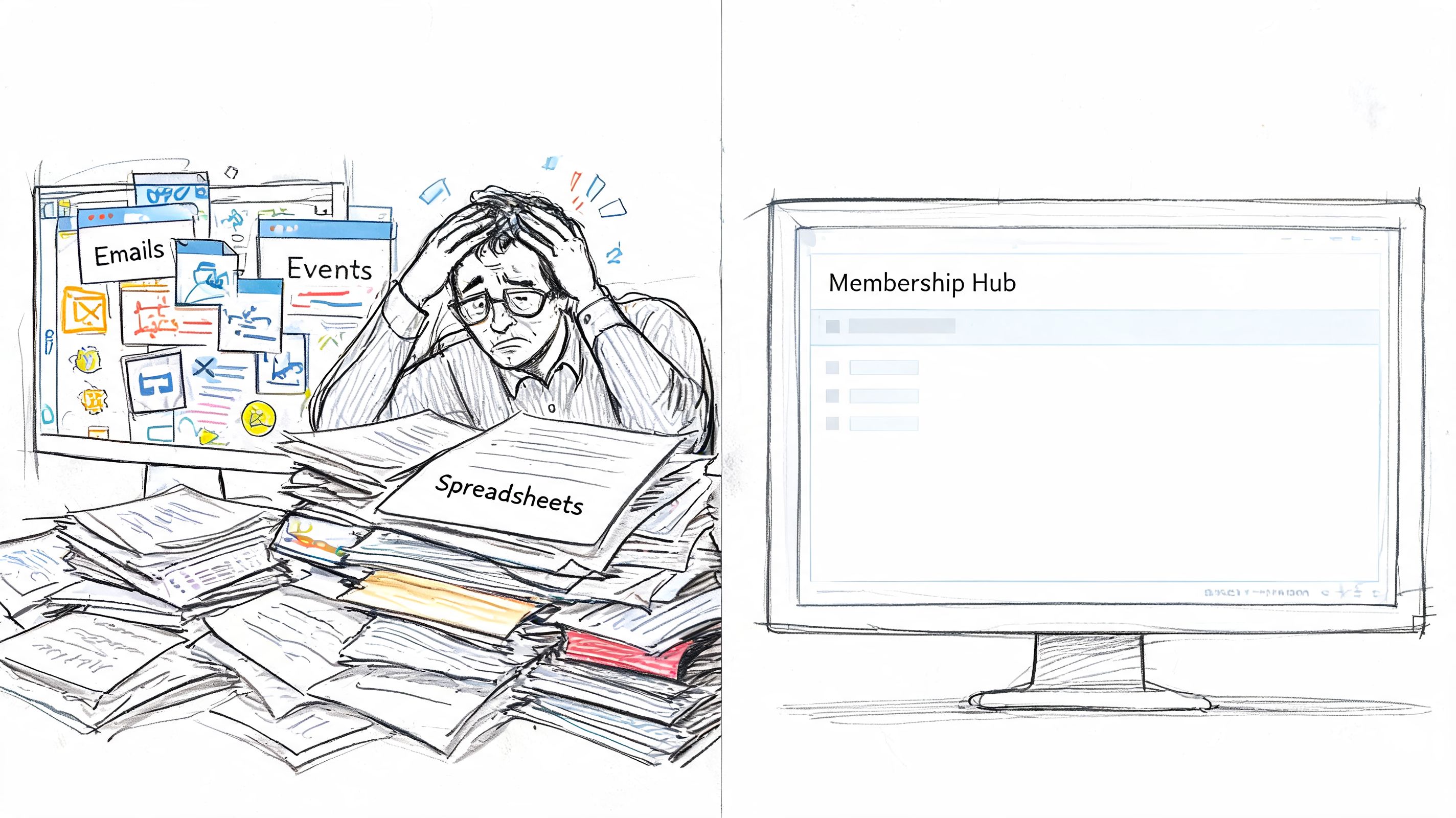 A contrast showing an overwhelmed person managing scattered documents versus an organized digital membership platform solution.