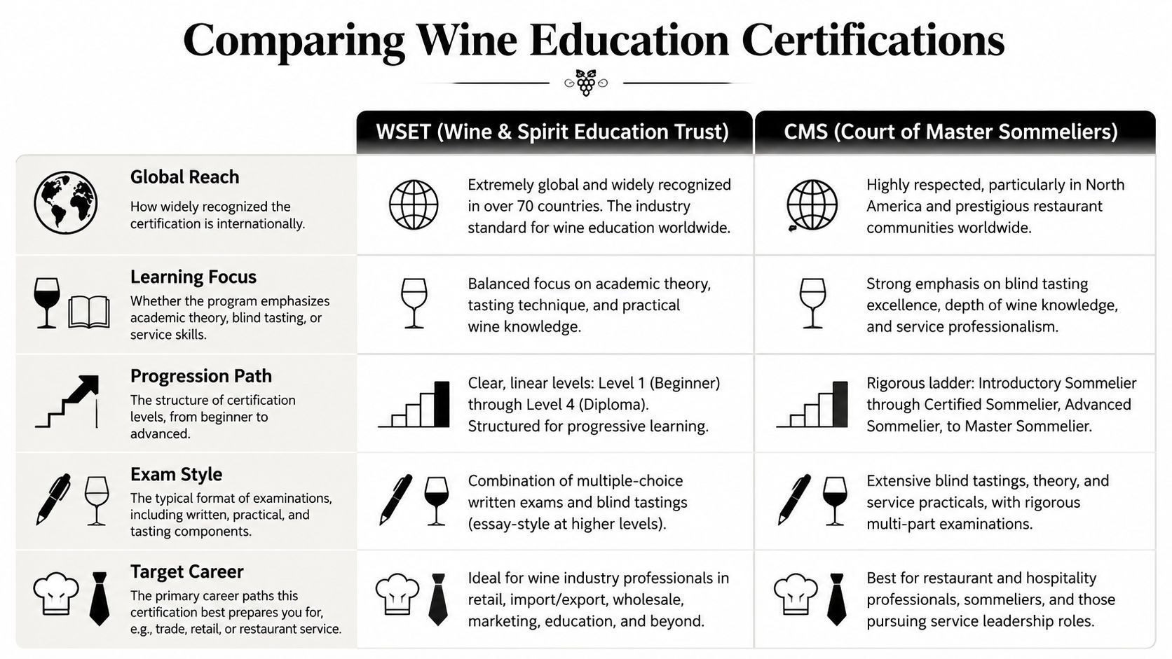 A comparison chart outlining the differences between WSET and CMS wine certification programs for students.