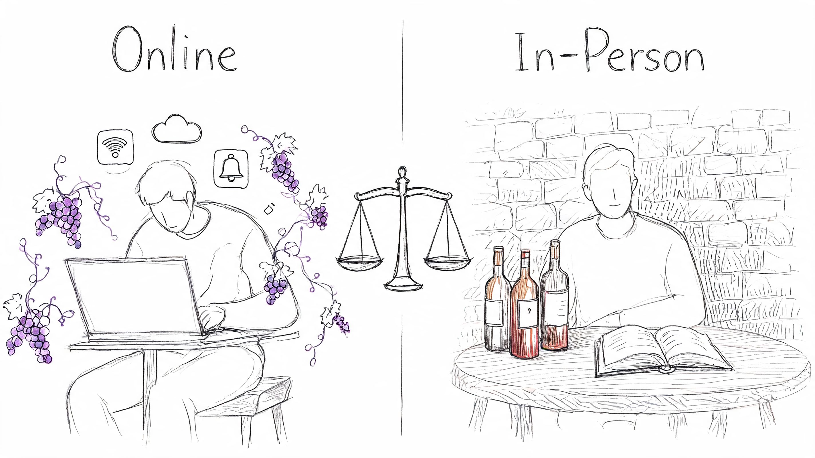 A hand-drawn illustration comparing online and in-person wine education with a balance scale in the center.