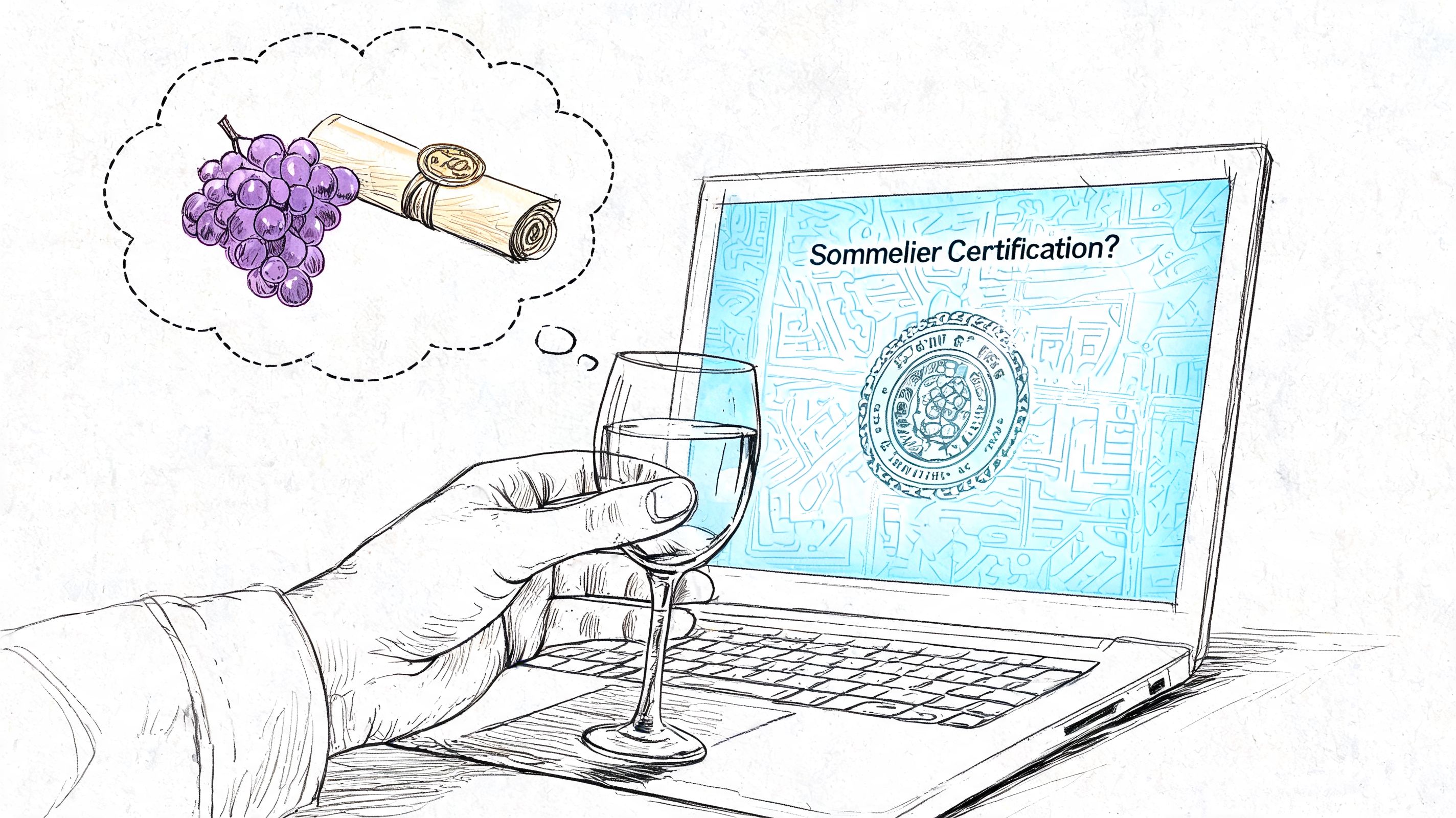 A hand holds a wine glass while viewing a sommelier certification page on a laptop screen.