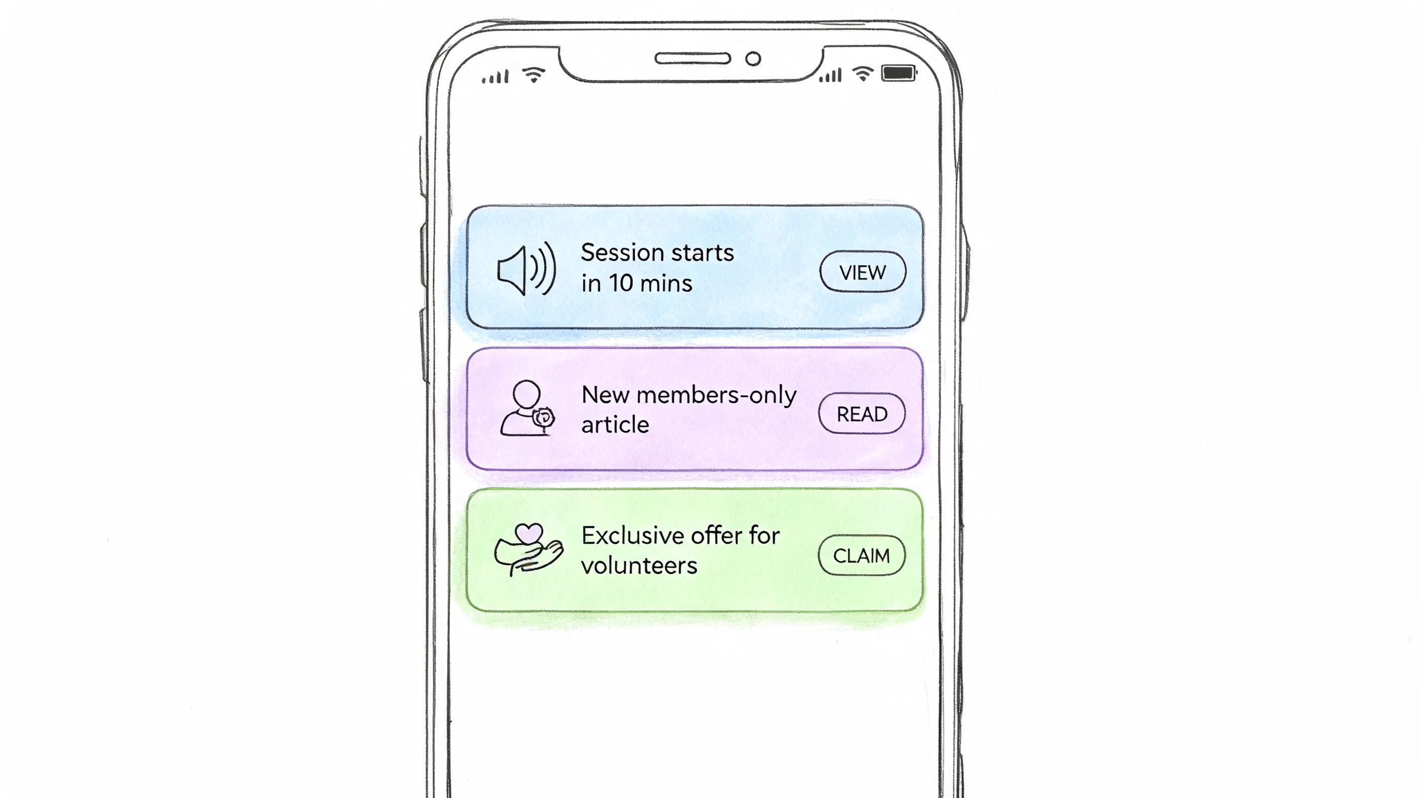 A hand-drawn illustration of a smartphone screen displaying three notification cards with icons and action buttons.