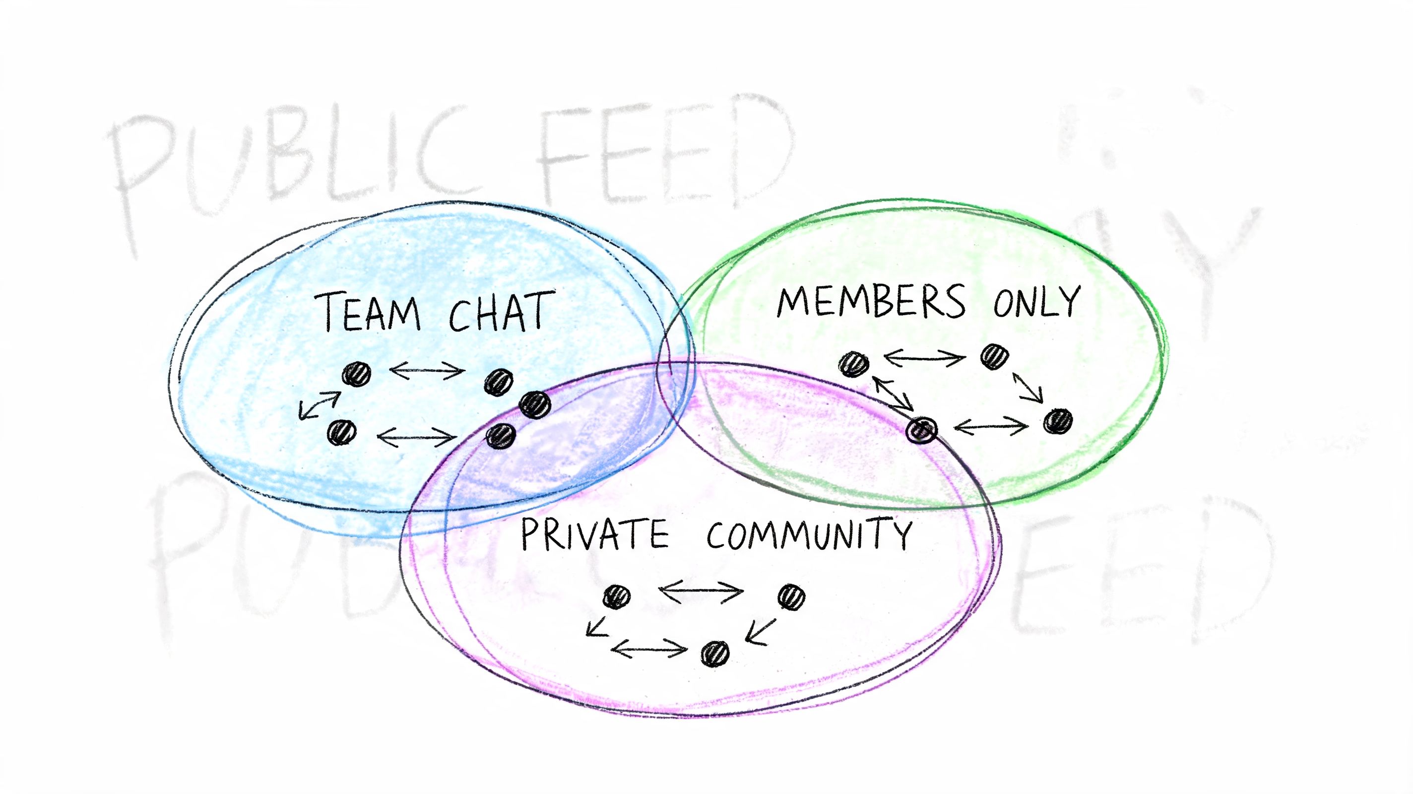 A Venn diagram showing overlapping circles labeled Team Chat, Members Only, and Private Community with network nodes.