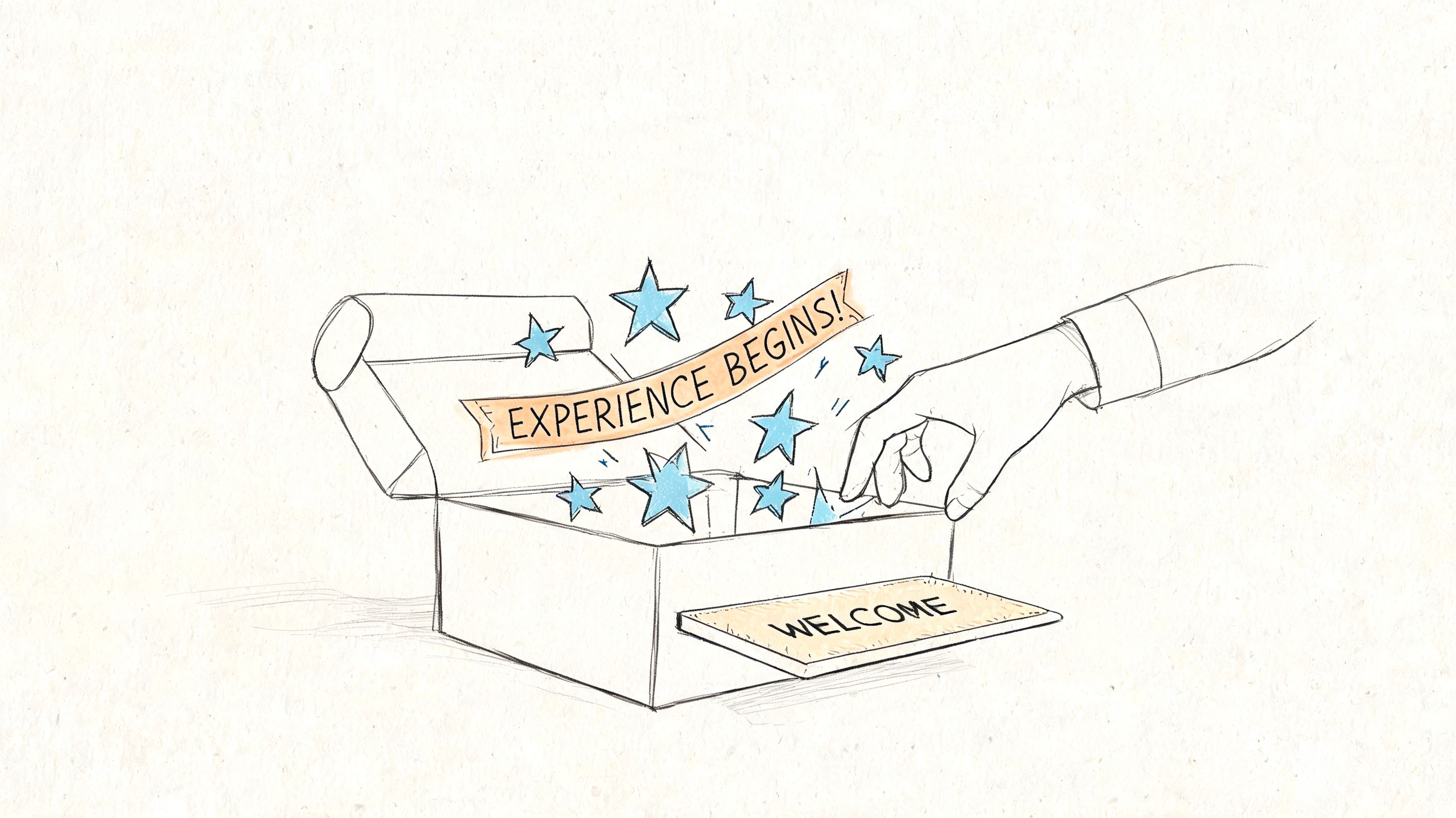 A hand reaching into an open box labeled Experience Begins with stars and a welcome mat nearby.