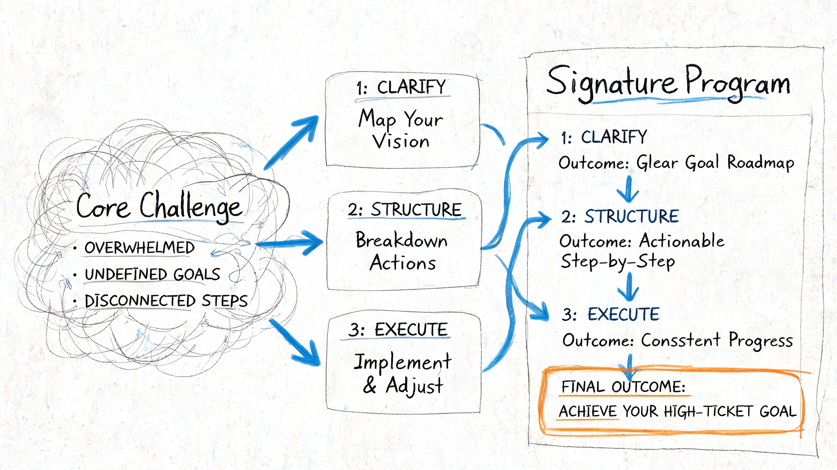 A diagram illustrating a coaching process that transforms core challenges into a clear high-ticket goal roadmap.