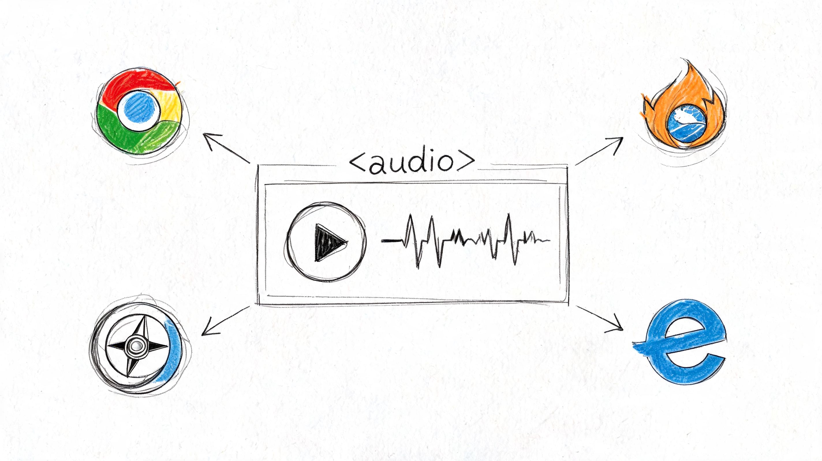 A hand-drawn sketch of an HTML5 audio element connected to four different web browser icons.