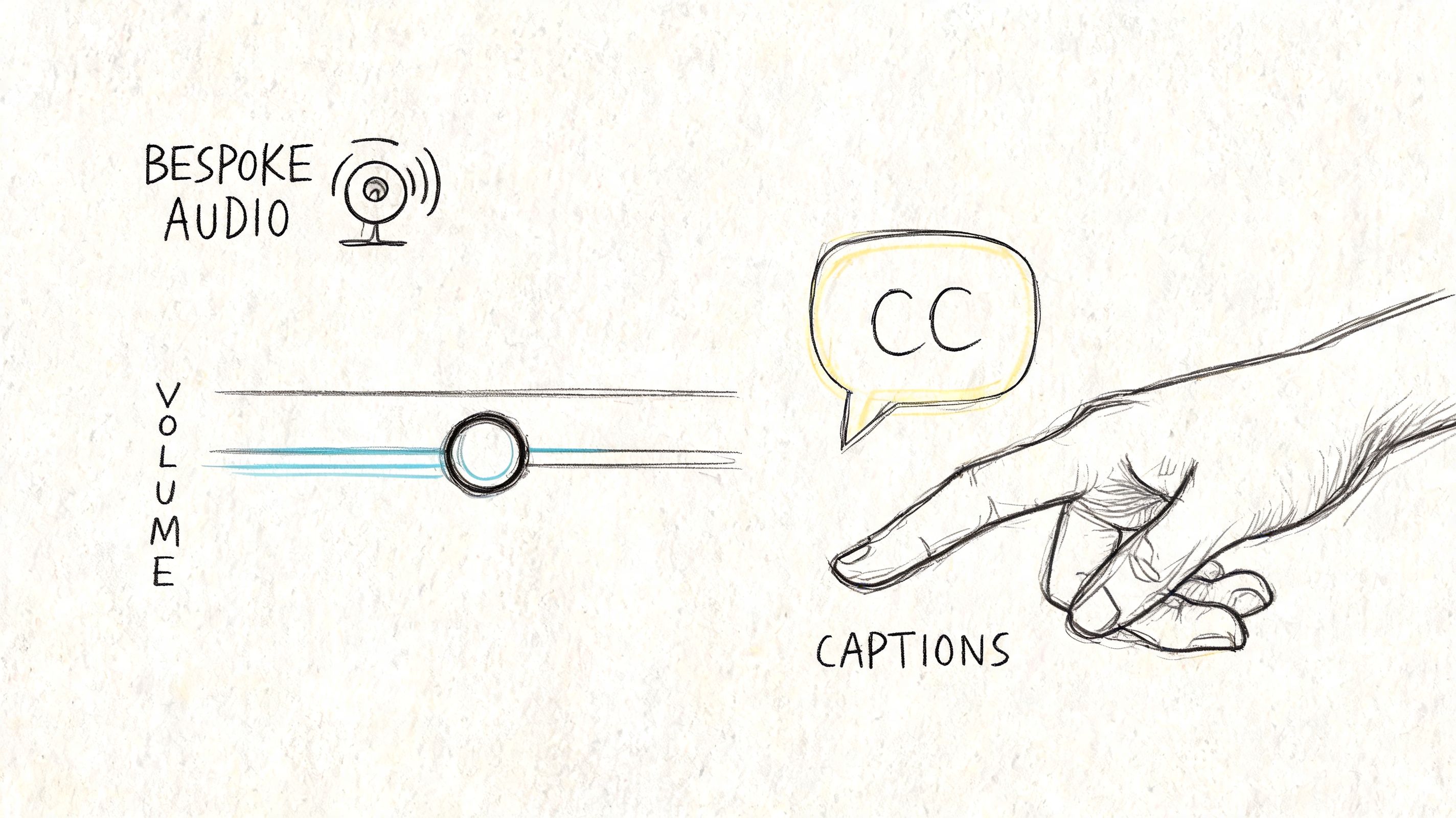 A hand illustration pointing to a speech bubble labeled CC for captions next to volume controls.