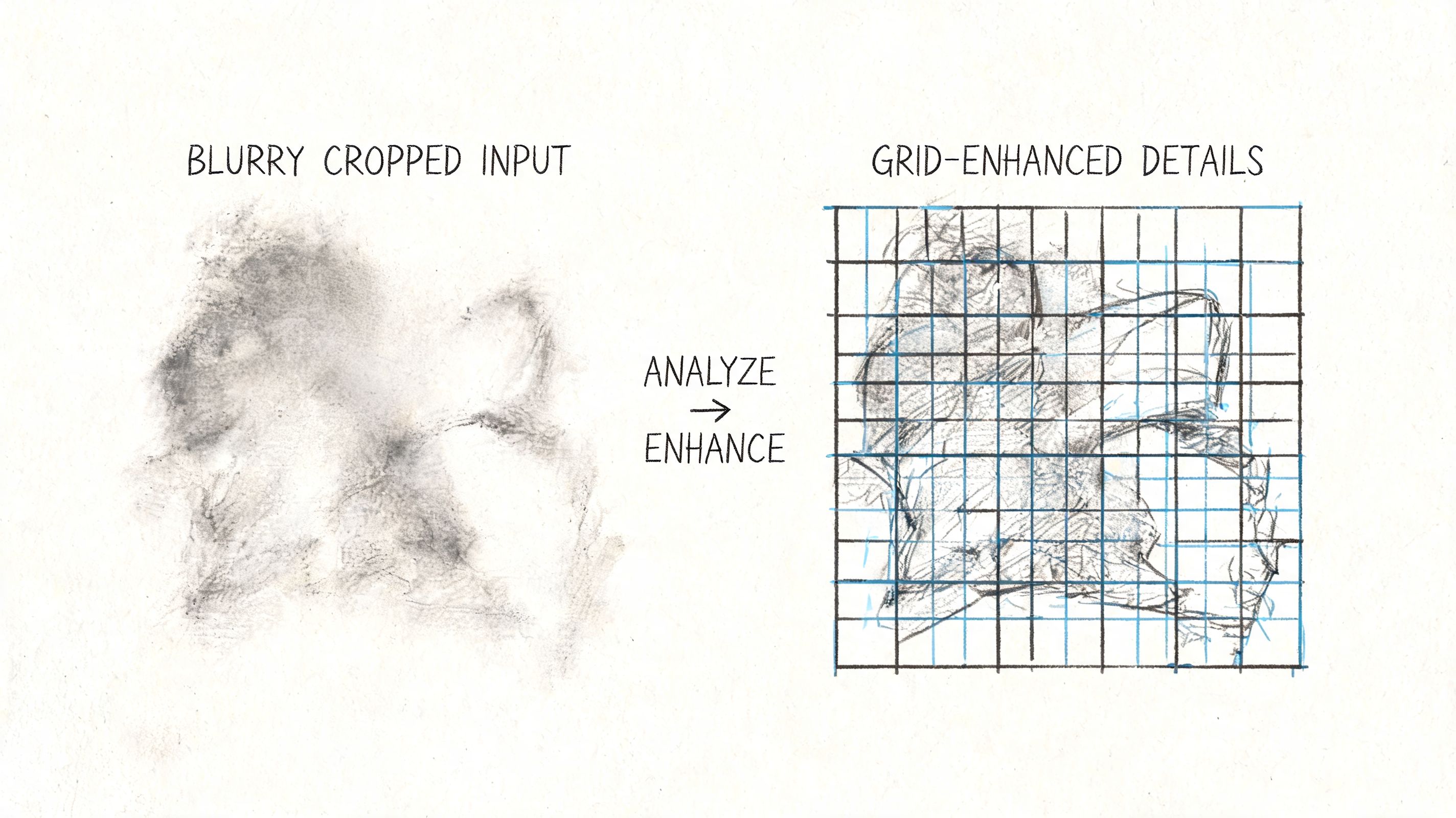 A conceptual diagram showing a blurry pencil sketch being transformed into a detailed grid-enhanced illustration.