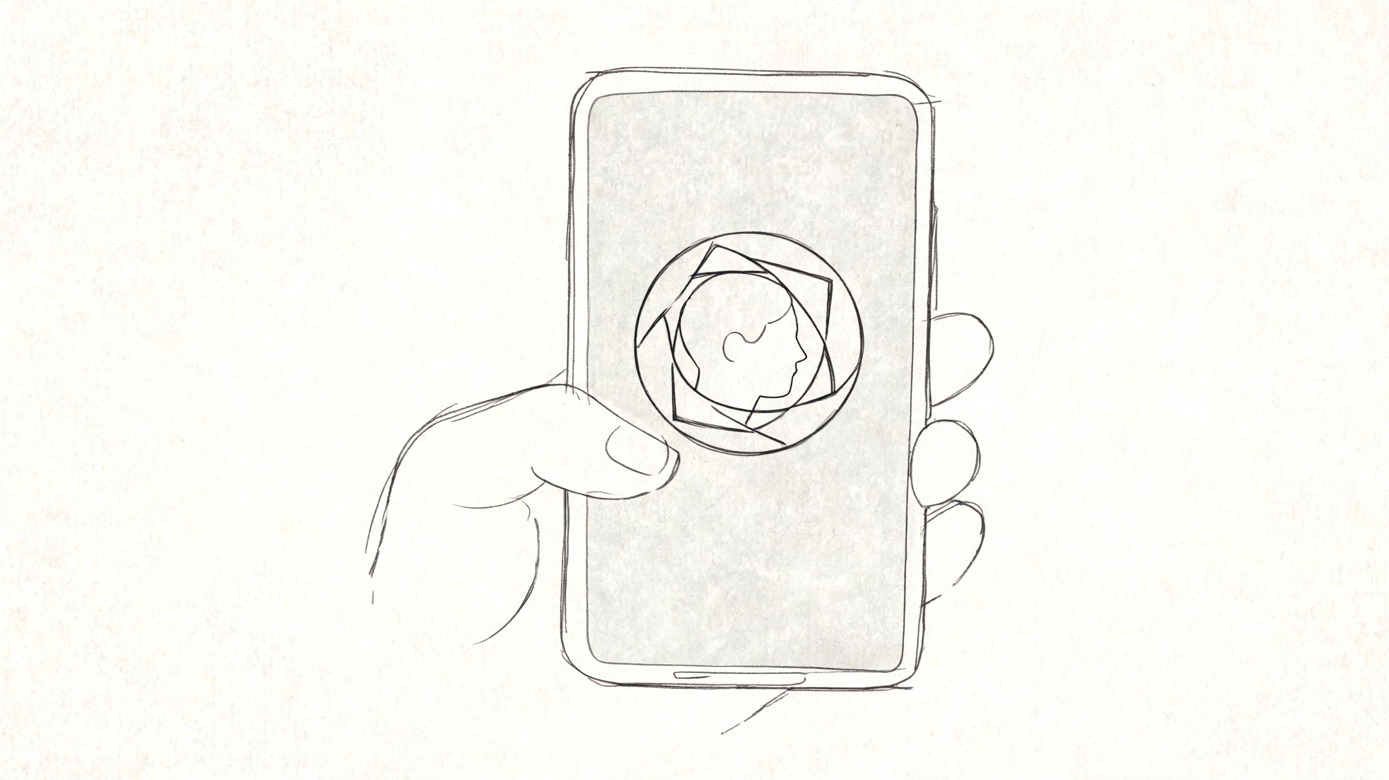 A hand holding a smartphone showing a face profile icon inside a geometric camera shutter graphic.