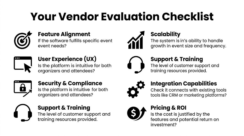 A checklist infographic outlining key factors to consider when evaluating event booking management software vendors.
