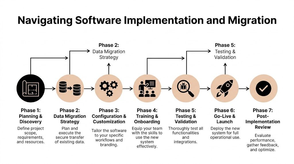 A seven-phase infographic flowchart detailing the essential steps for successful software implementation and data migration.