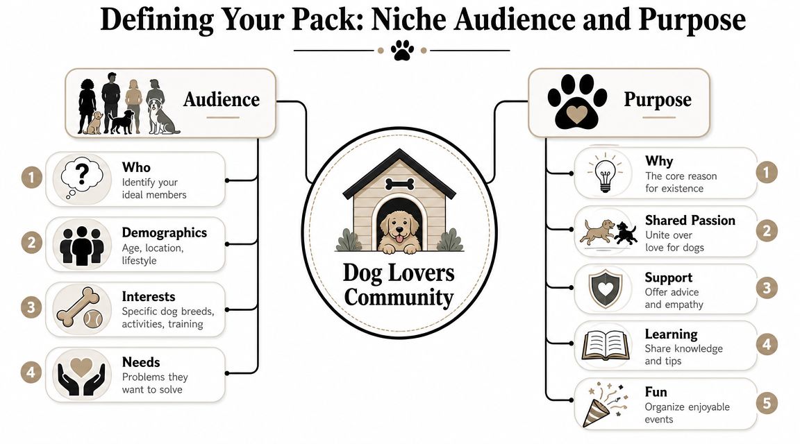 A visual guide for building a dog lovers community, focusing on defining audience and purpose.