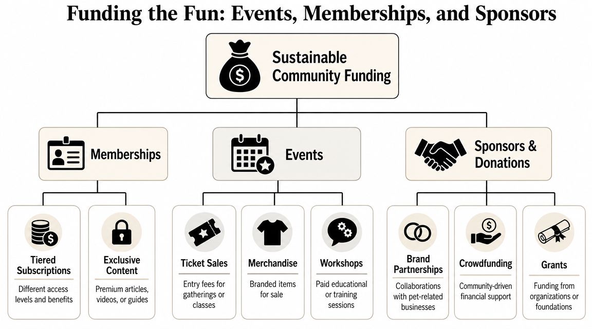A diagram illustrating sustainable community funding strategies including memberships, events, and sponsorship opportunities for organizations.