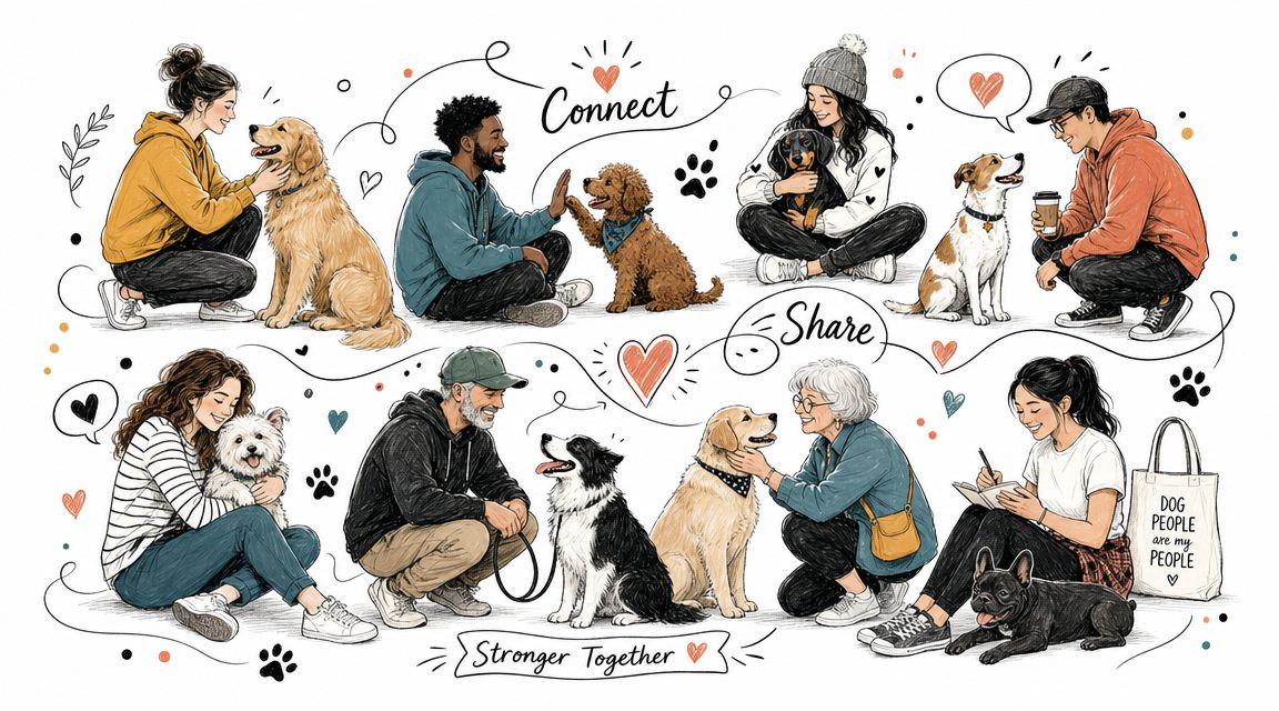 A diverse group of people connecting with their dogs in a friendly, sketched-style illustration.