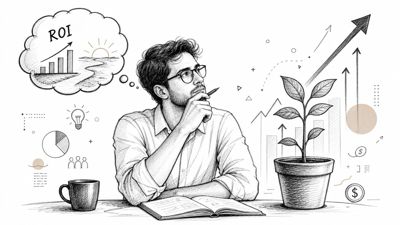 A sketched illustration of a businessman contemplating financial ROI, growth, and business strategy at his desk.
