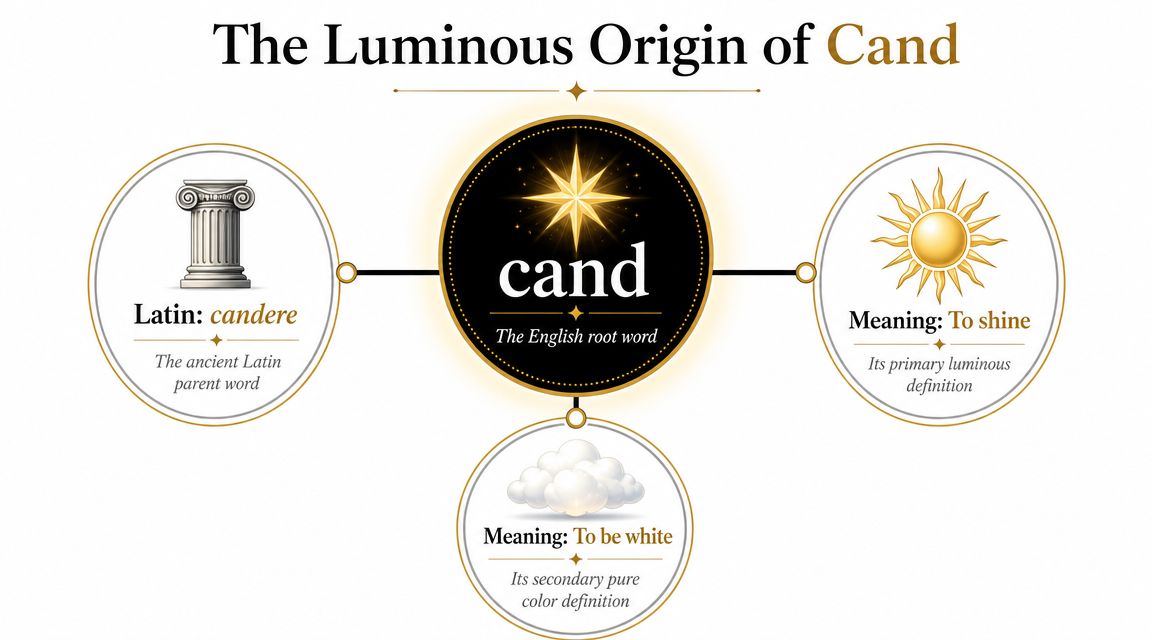 An infographic showing the etymology and meanings of the English root word cand, illustrating its Latin origin.