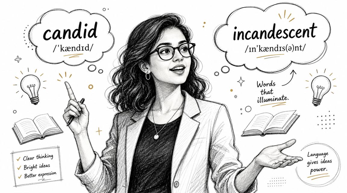 A woman gesturing towards thought bubbles containing the words candid and incandescent with educational icons and text.