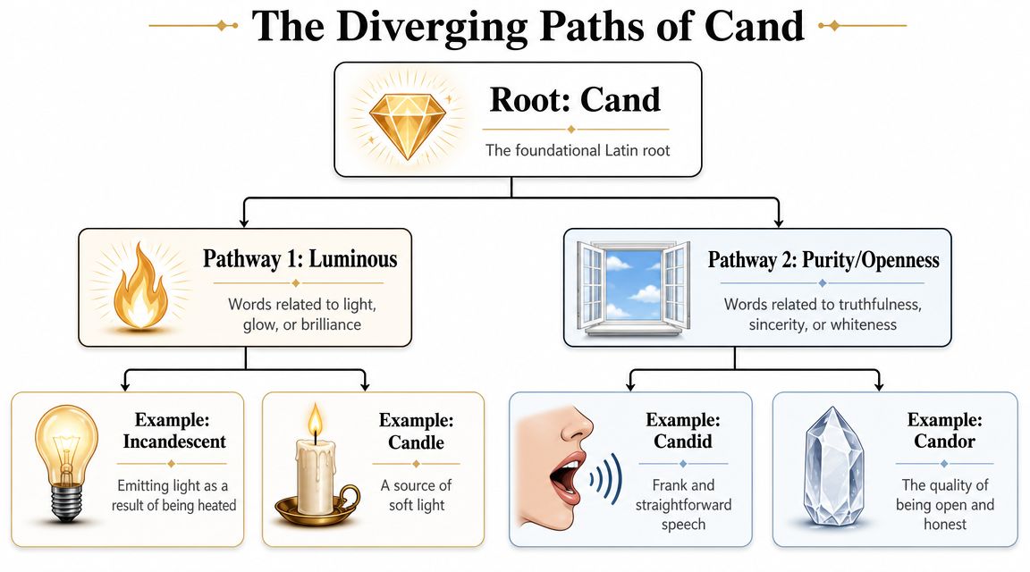 A diagram illustrating the etymology of the Latin root word Cand, dividing it into light and purity branches.