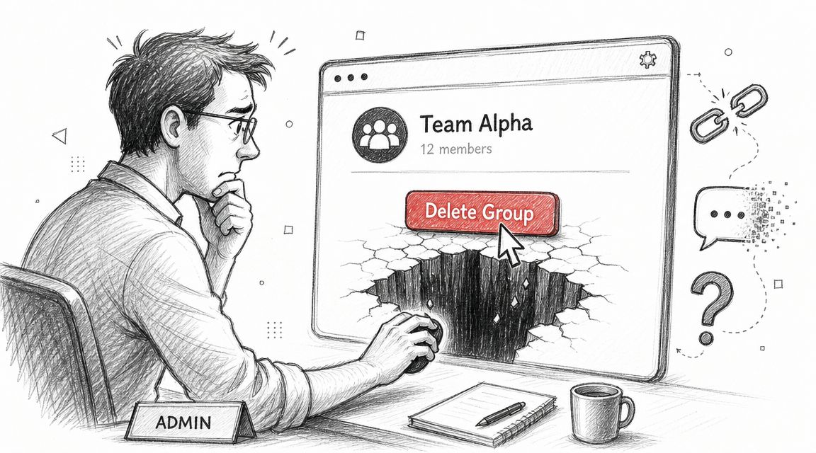 A concerned administrator hovers their mouse cursor over a delete group button on a digital interface screen.