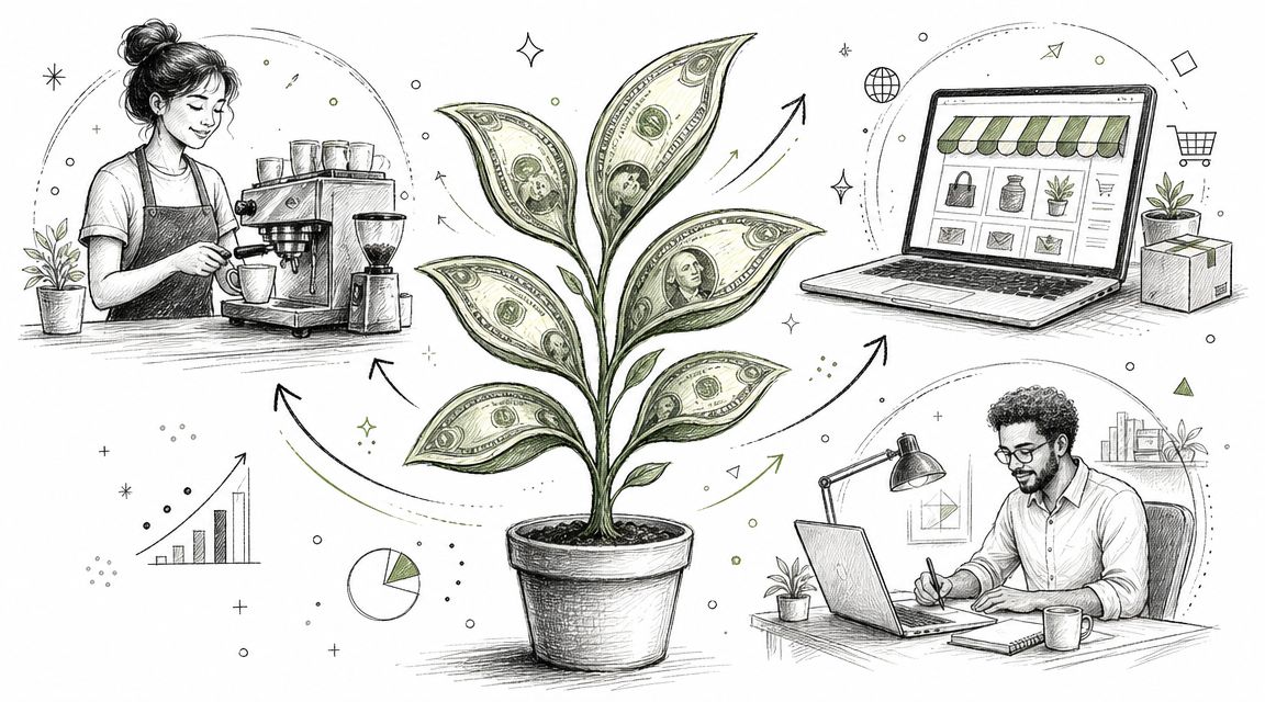 A pencil sketch illustration showing business growth, online shopping, and productivity for small business management.