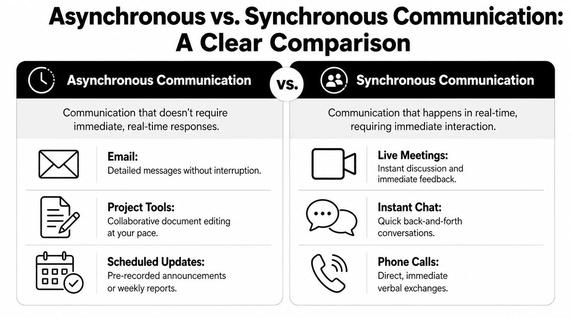 A comparison chart showing the key differences between asynchronous and synchronous communication methods with examples for each.