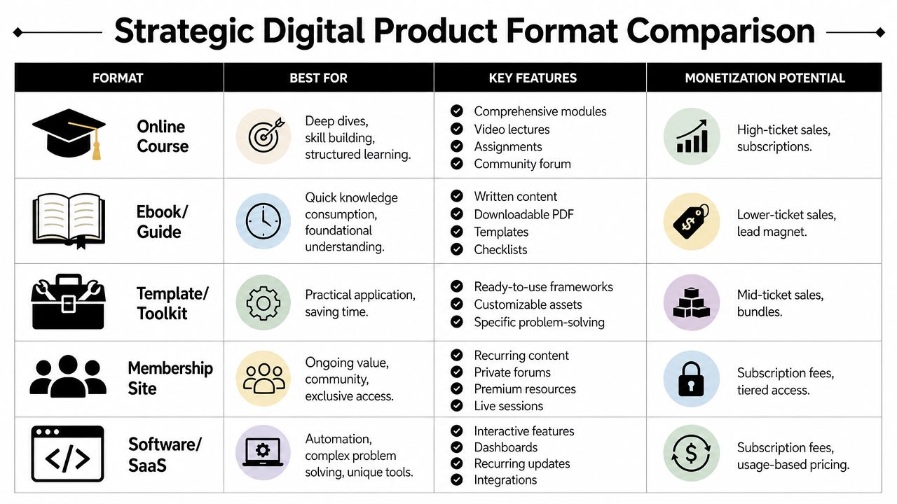 A comparison chart outlining different digital product formats, including online courses, ebooks, templates, membership sites, and software.