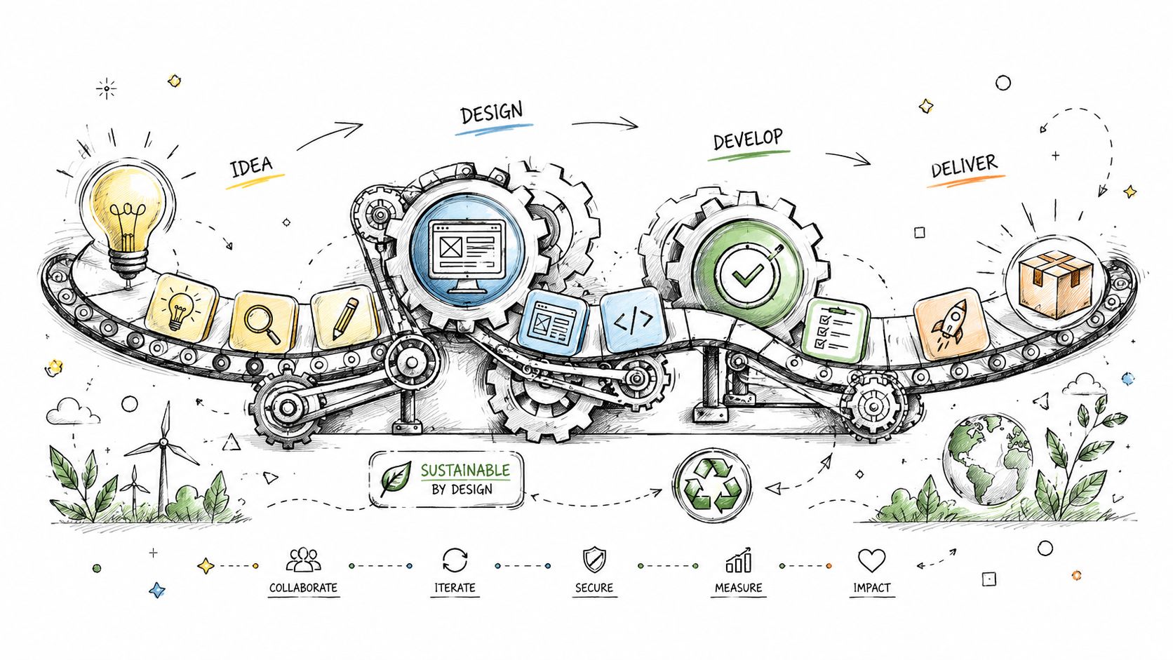 A hand-drawn illustration showing the digital product lifecycle from idea to delivery using gears and a conveyor belt.
