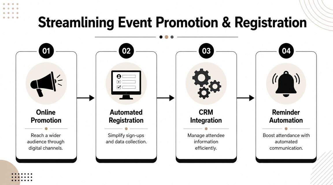 A flowchart infographic outlining four steps to streamline event promotion and registration processes for better attendance.