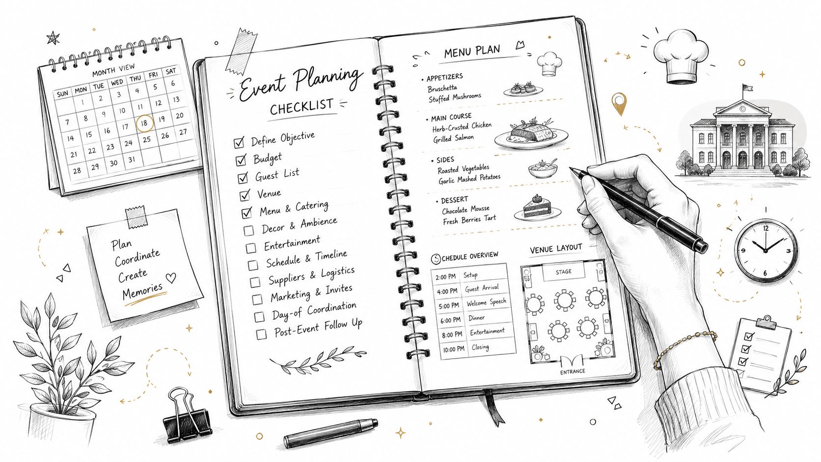 A hand-drawn illustration showing a notebook open with an event planning checklist and menu plan.
