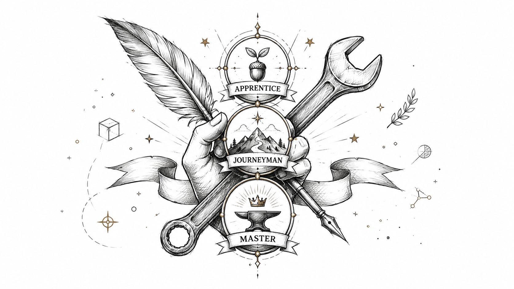 An artistic illustration featuring a hand holding a feather pen and wrench, representing apprentice, journeyman, and master stages.