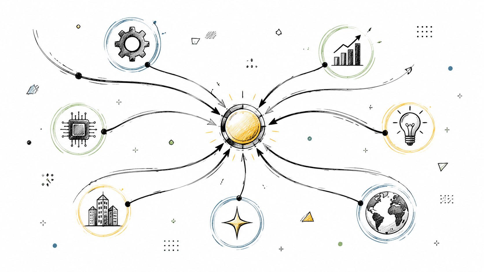 A hand-drawn illustration showing eight diverse icons connected by arrows to a central glowing circle.