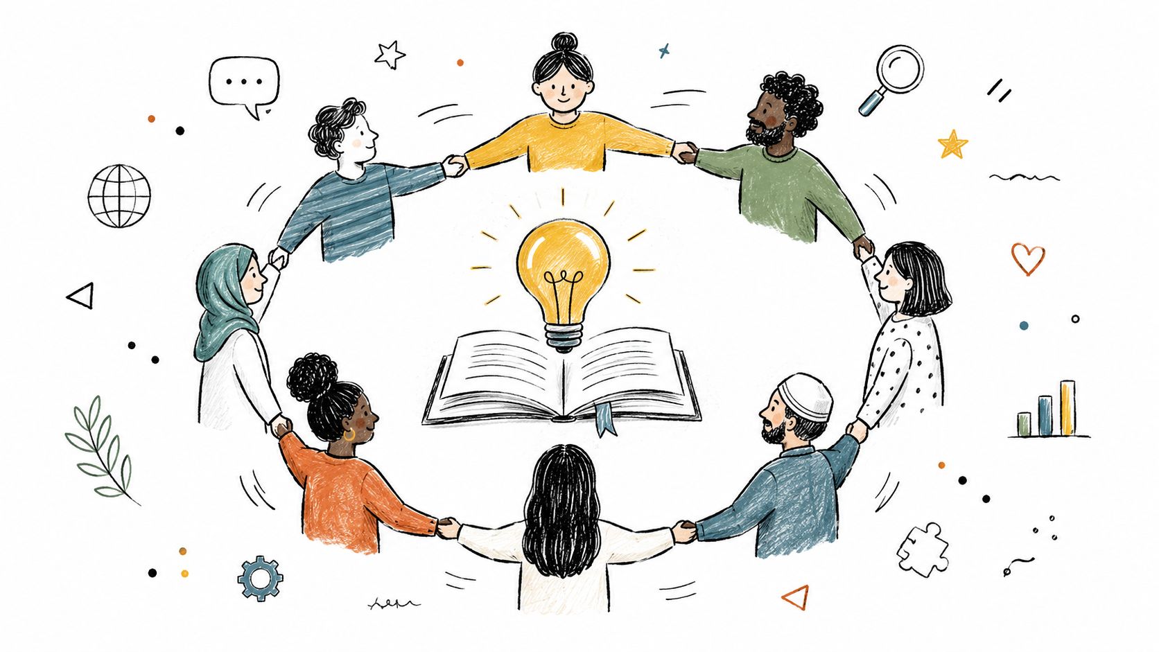 A diverse group of people holding hands in a circle around an open book with a lightbulb.