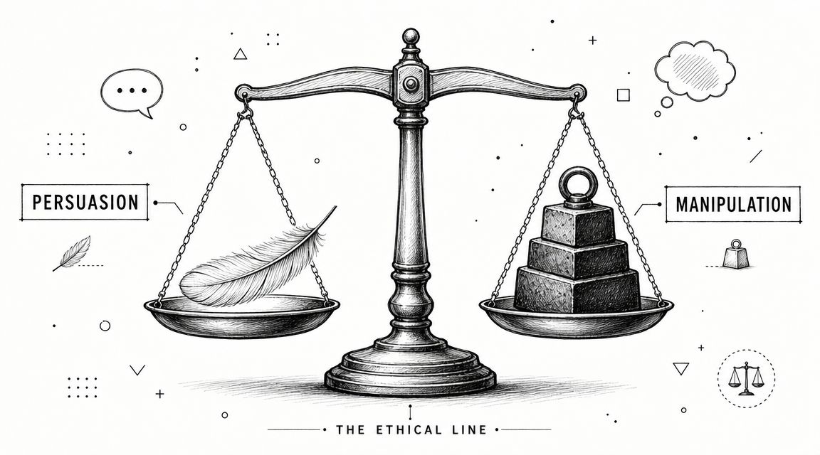 A balanced scale comparing persuasion, represented by a light feather, against manipulation, shown as a heavy weight.