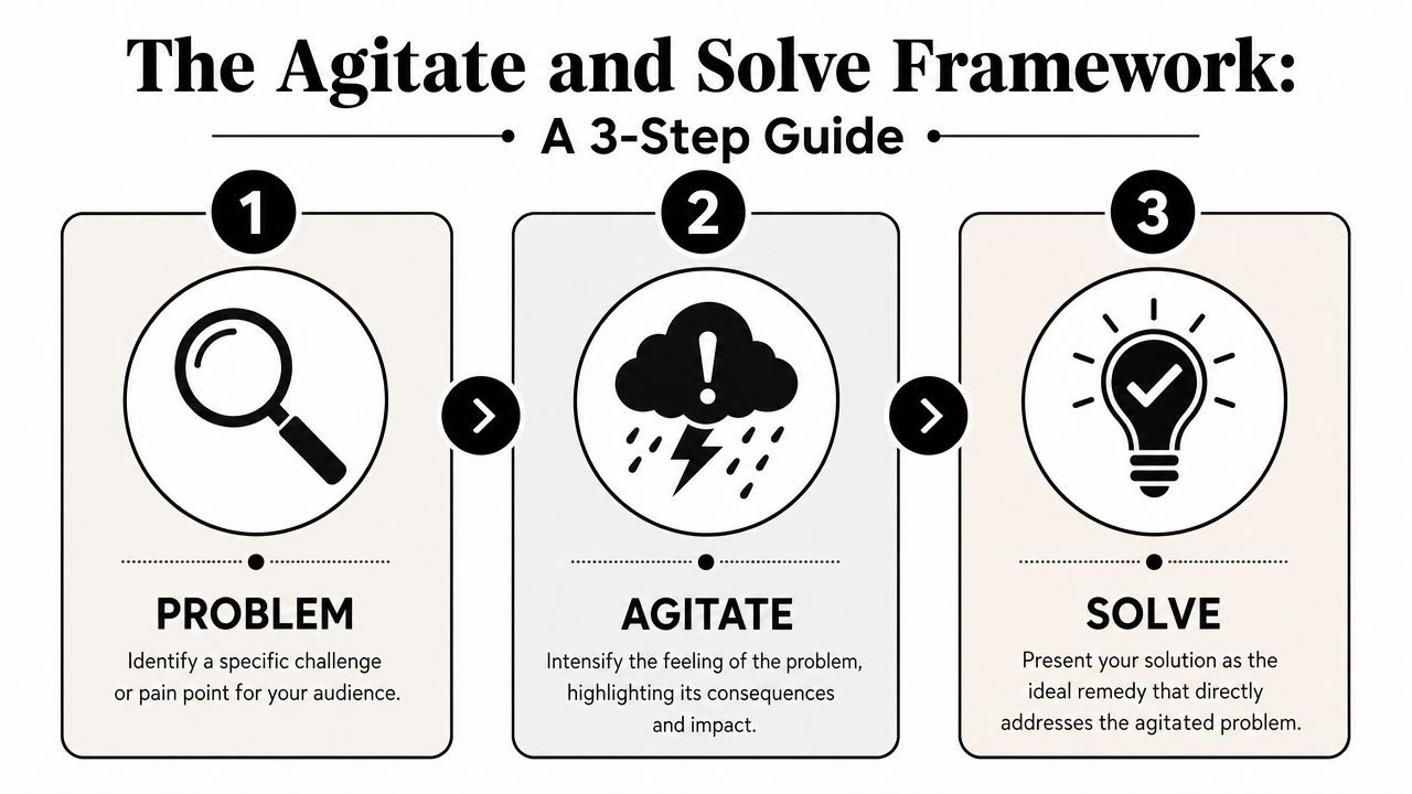 A 3-step guide for the Agitate and Solve framework, showing problem, agitation, and solution stages.