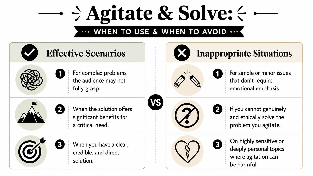 An infographic titled Agitate and Solve contrasting effective scenarios against inappropriate situations for using this marketing technique.