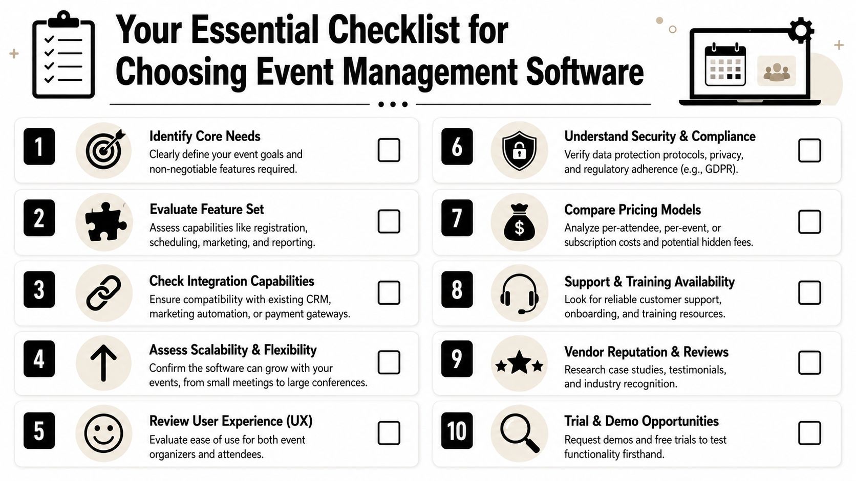 A ten-point checklist for choosing the best event management software, presented as a clear infographic.